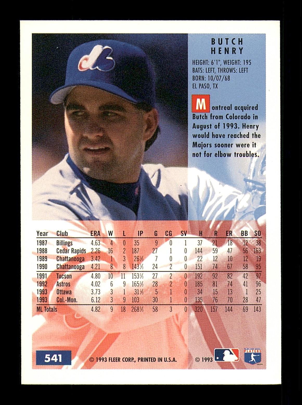 Butch Henry Autographed 1994 Fleer Card #541 Montreal Expos SKU #183611 - Image 2