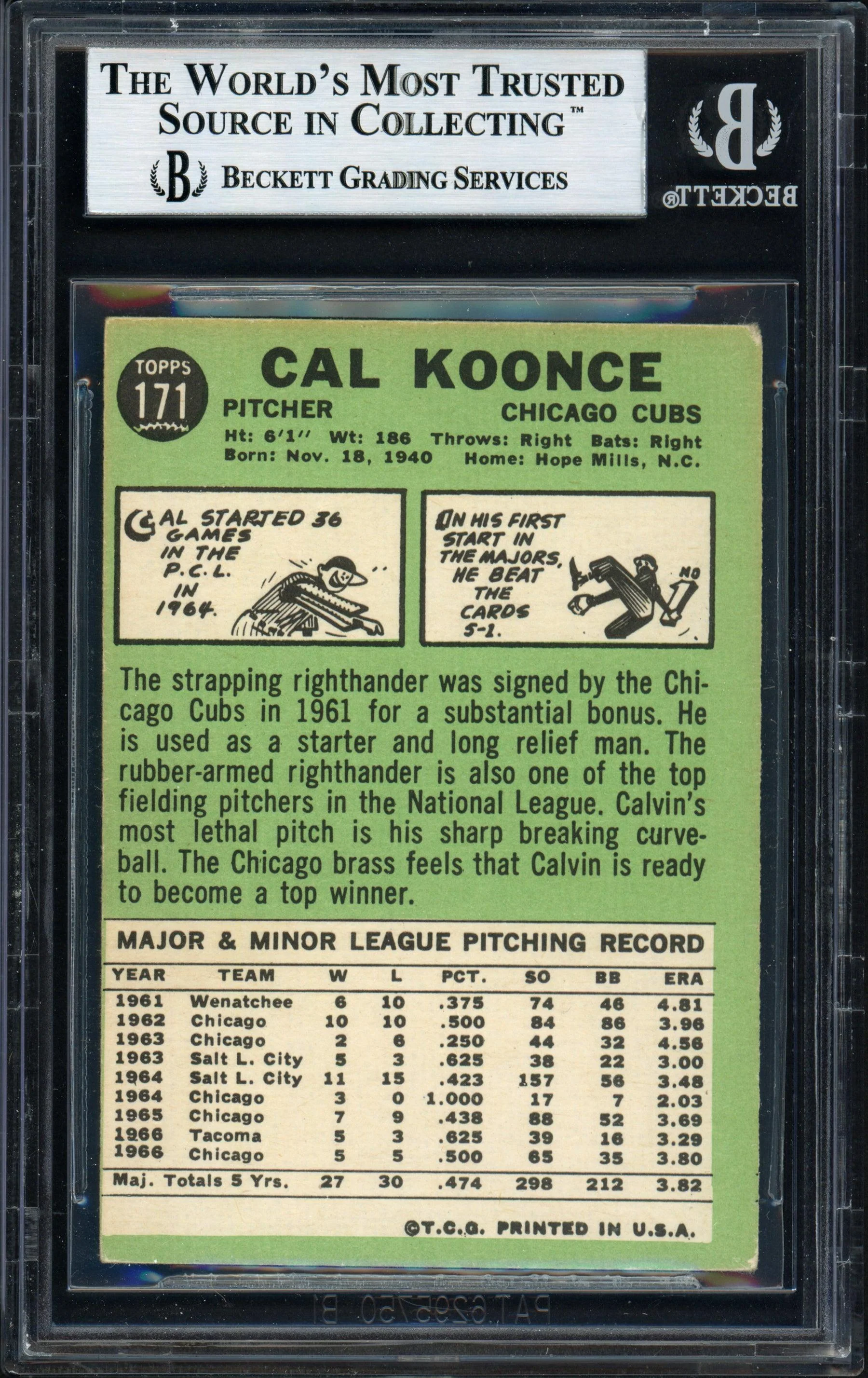 Cal Koonce Autographed 1967 Topps Card #171 Chicago Cubs Beckett BAS #12057135 - Image 2