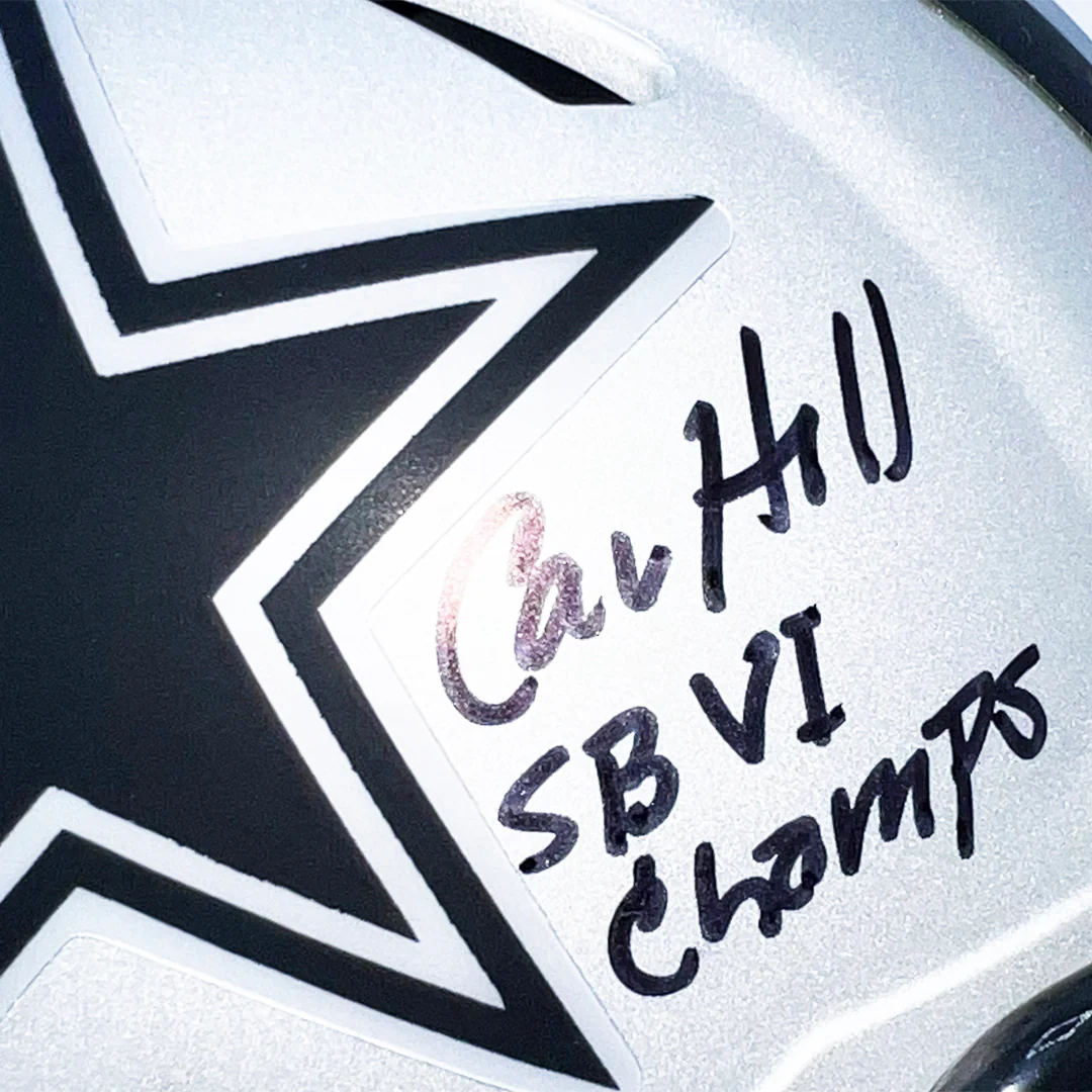 Calvin Hill Signed SBVI Champs Inscription Dallas Cowboys Rave Mini Football Helmet (Beckett) - Image 2
