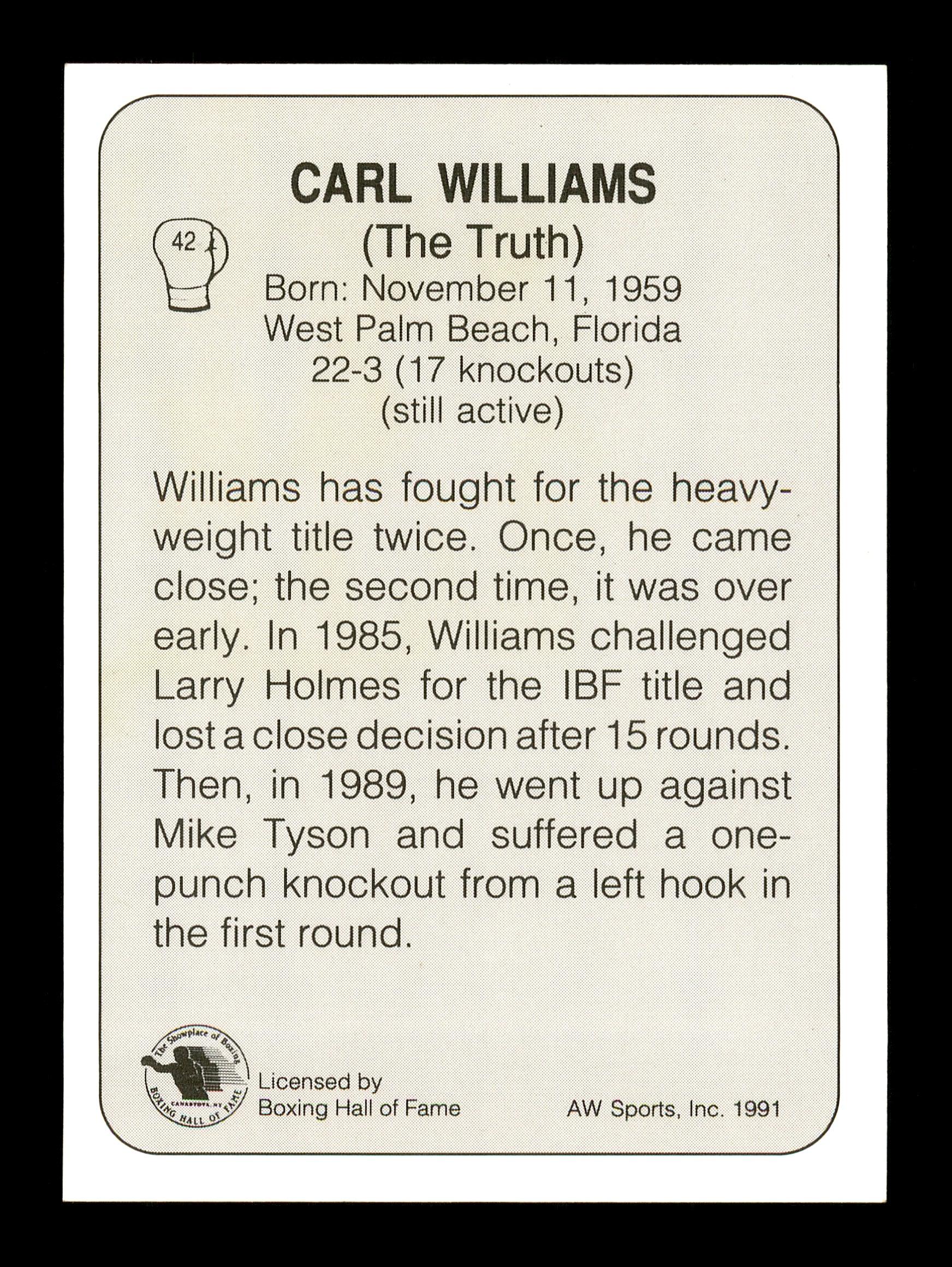 Carl "The Truth" Williams Autographed 1991 All World Card #42 SKU #167225 - Image 2
