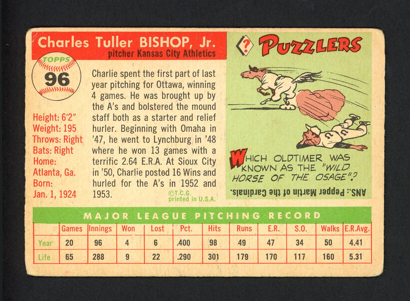Charlie Bishop Autographed 1955 Topps Card #96 Kansas City A's SKU #162227 - Image 2
