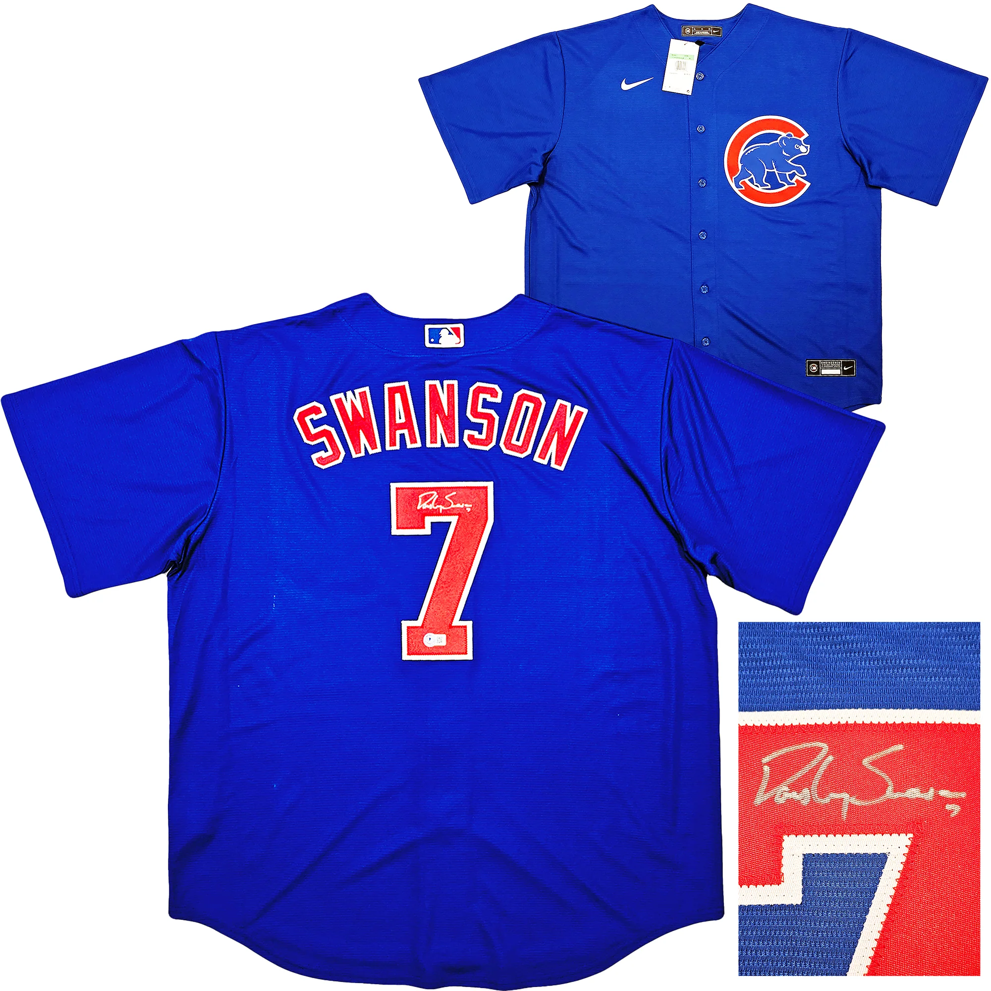 Chicago Cubs Dansby Swanson Autographed Blue Nike Jersey Size XL Beckett BAS QR Stock #215514