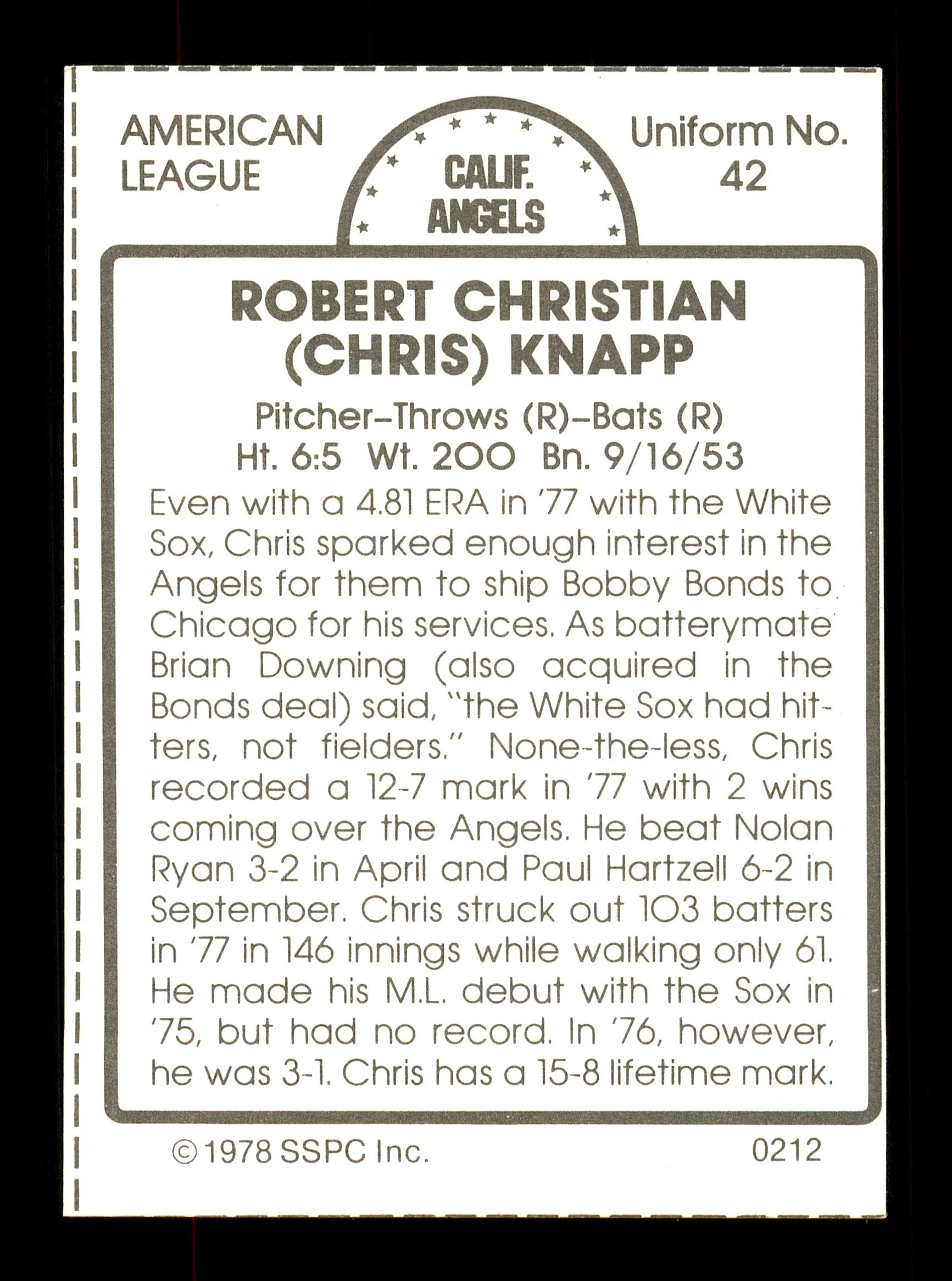 Chris Knapp Autographed 1978 SSPC Card #212 California Angels SKU #172356 - Image 2