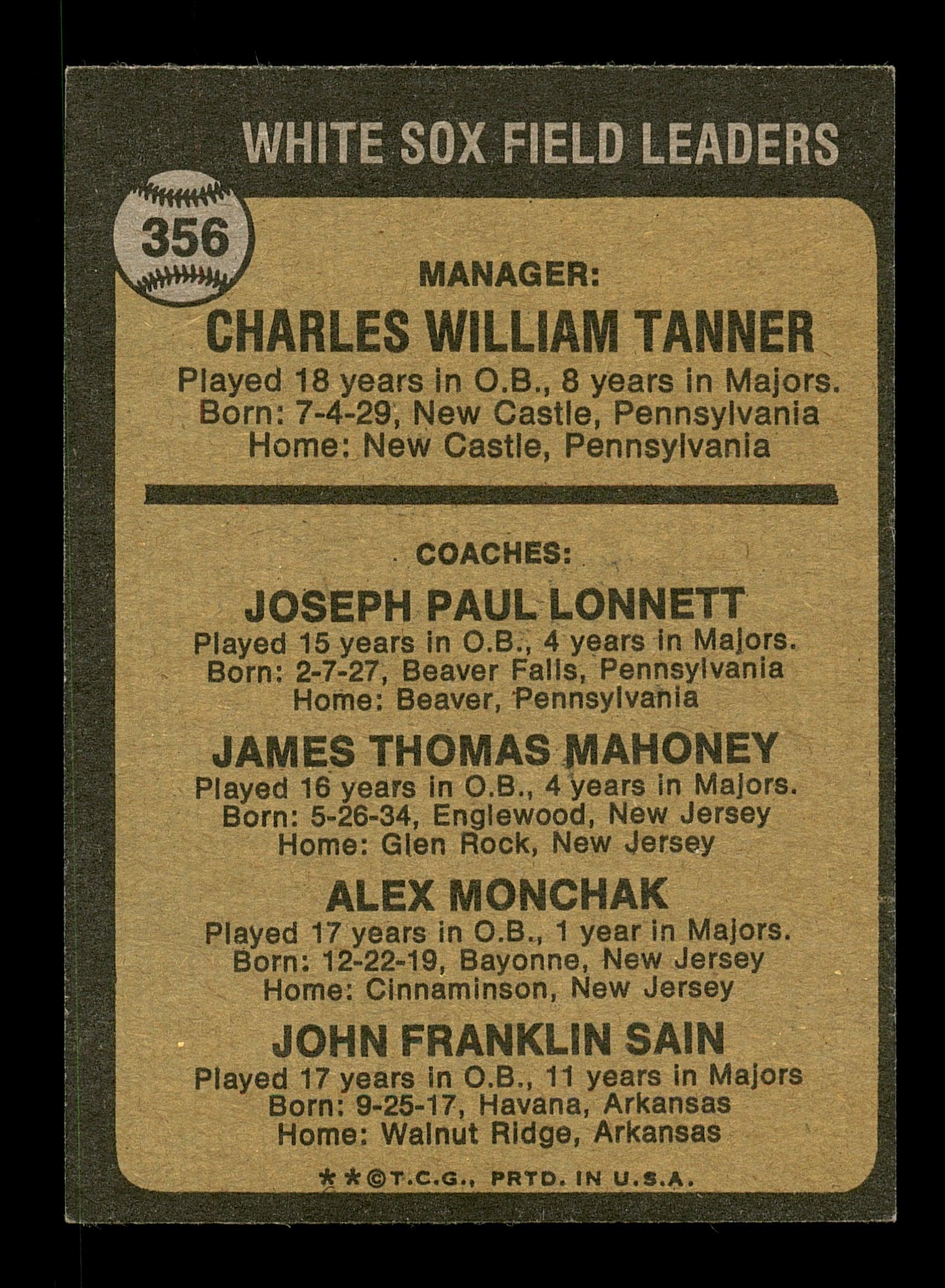 Chuck Tanner & Johnny Sain Autographed 1973 Topps Card #356 Chicago White Sox SKU #167569 - Image 2