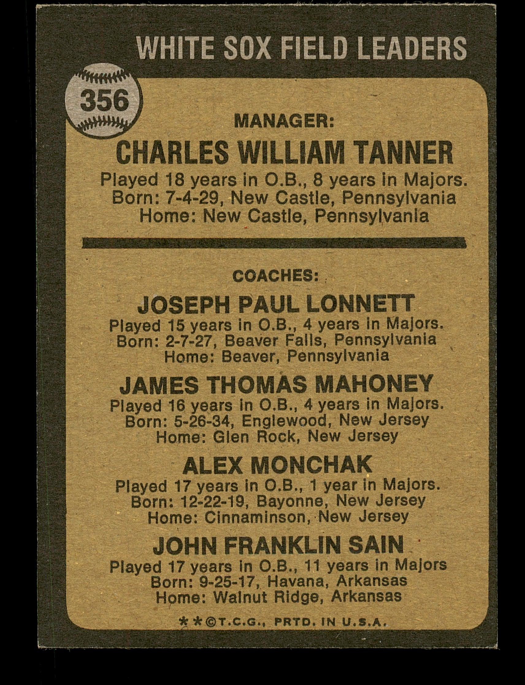 Chuck Tanner & Johnny Sain Autographed 1973 Topps Card #356 Chicago White Sox SKU #167570 - Image 2