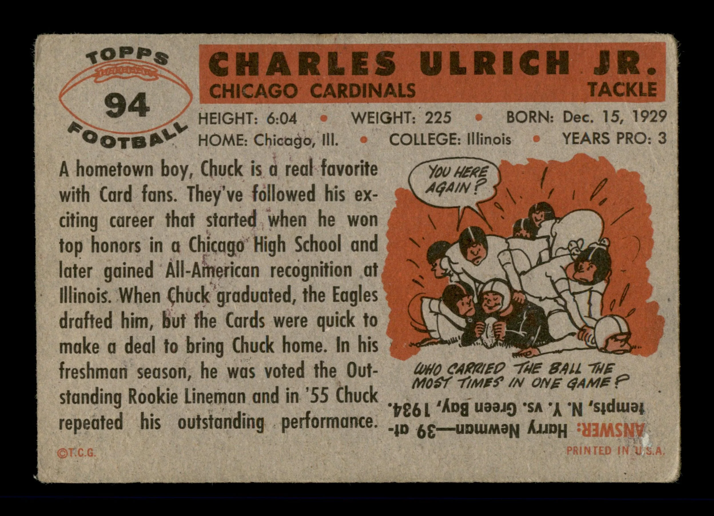 Chuck Ulrich Autographed 1956 Topps Card #94 Chicago Cardinals SKU #197976 - Image 2
