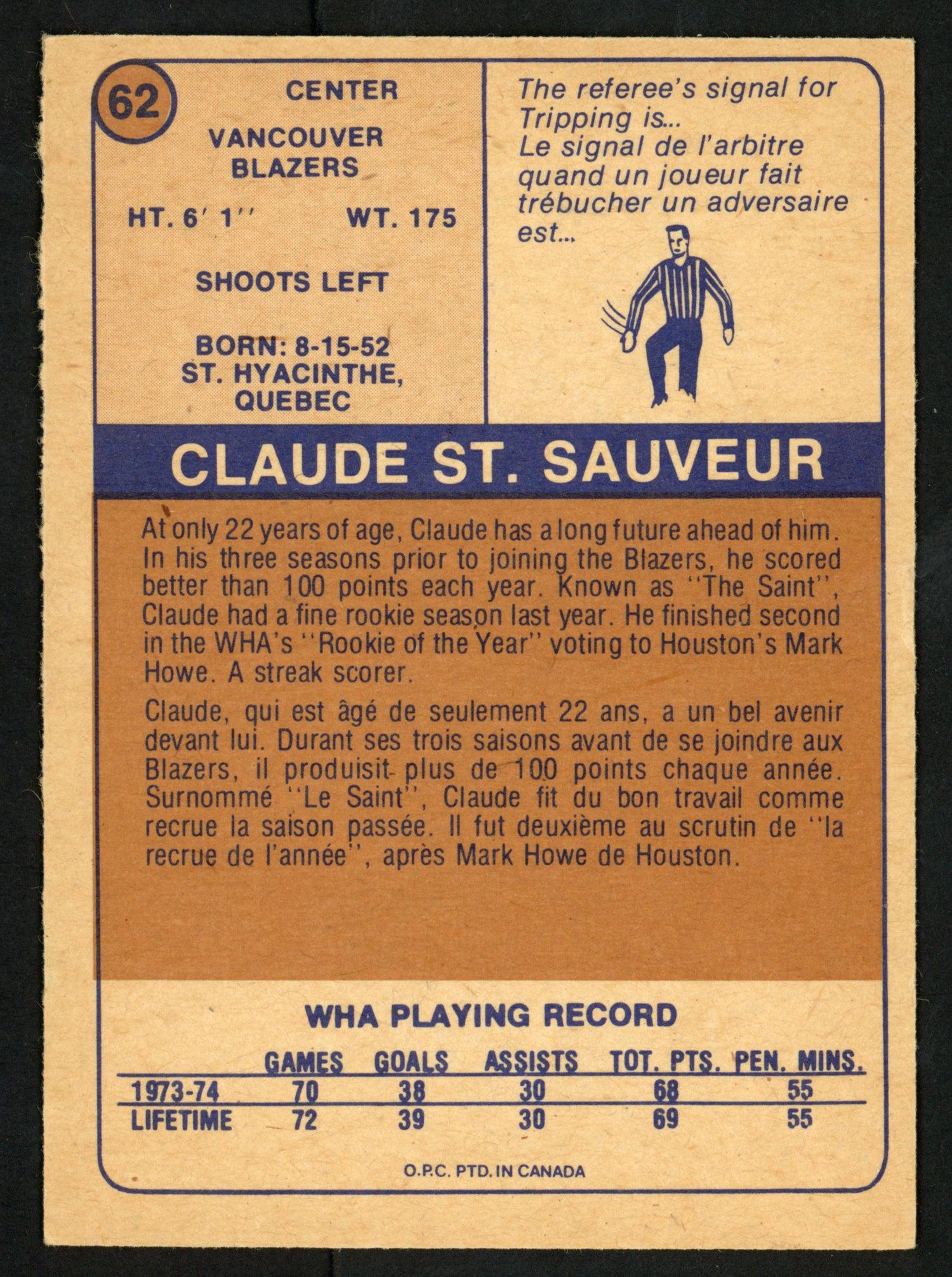 Claude St. Sauveur Autographed 1974-75 WHA O-Pee-Chee Card #62 Vancouver Blazers SKU #151921 - Image 2