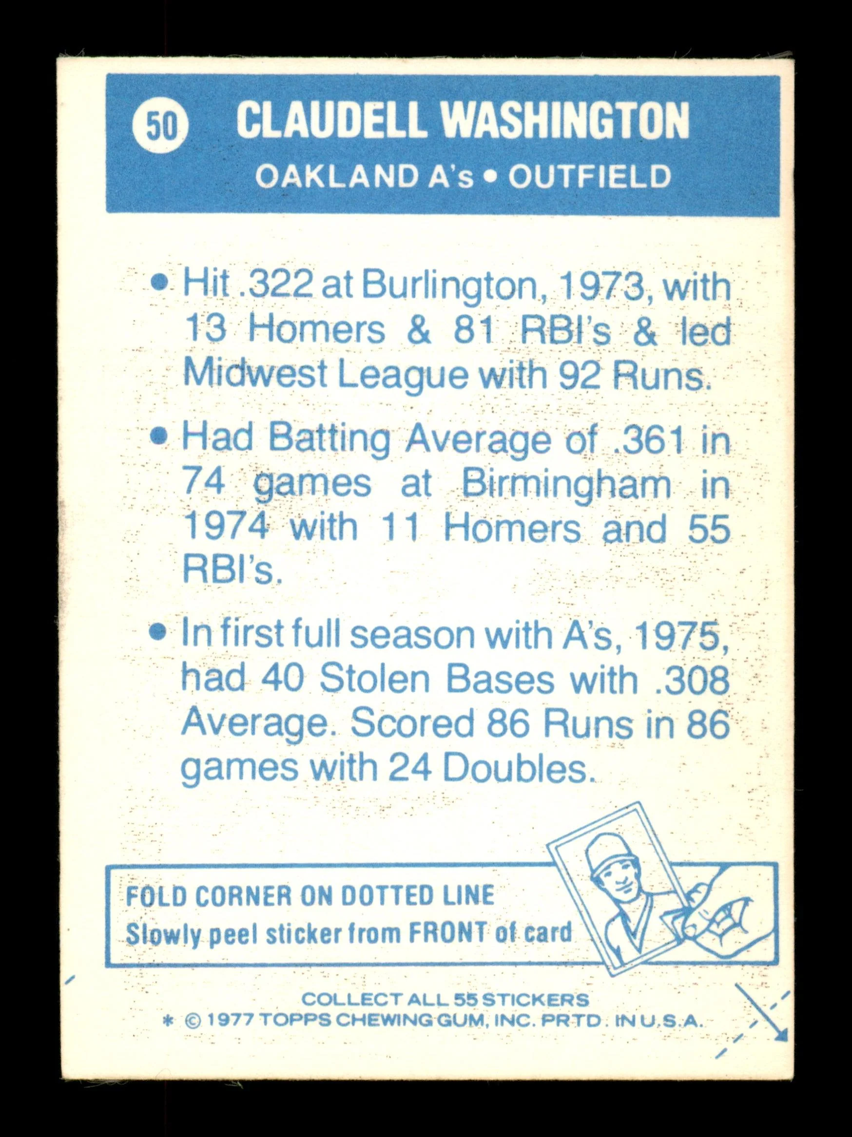 Claudell Washington Autographed 1977 Topps Stickers Card #50 Oakland A's SKU #204971 - Image 2