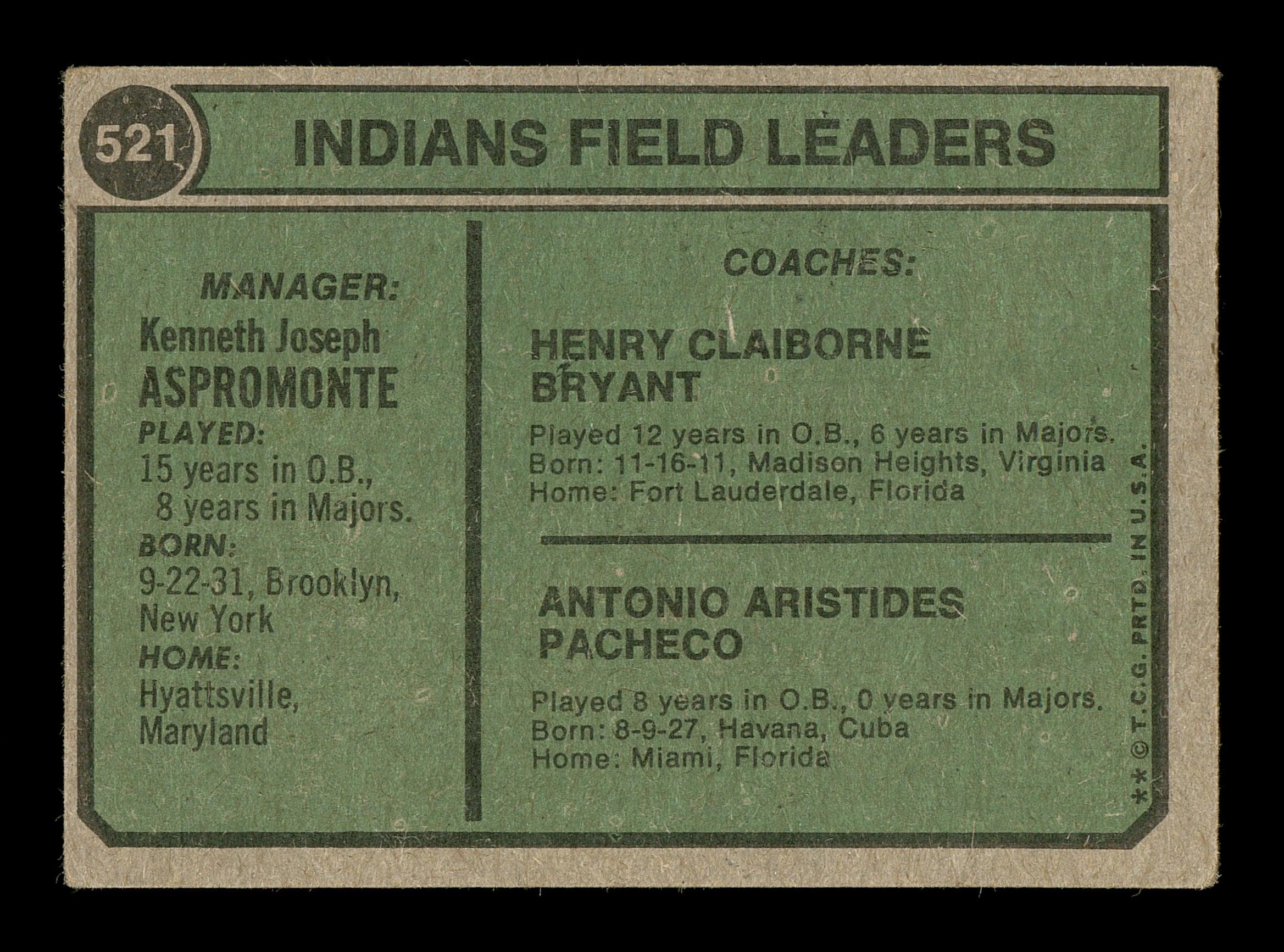 Clay Bryant Autographed 1974 Topps Card #521 Cleveland Indians Coach SKU #167113 - Image 2