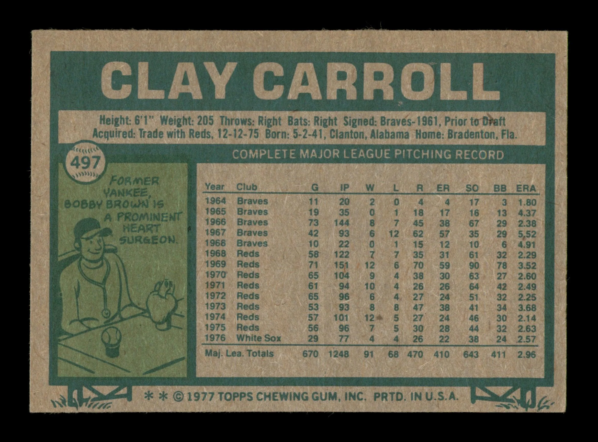 Clay Carroll Autographed 1977 Topps Card #497 Chicago White Sox SKU #205193 - Image 2