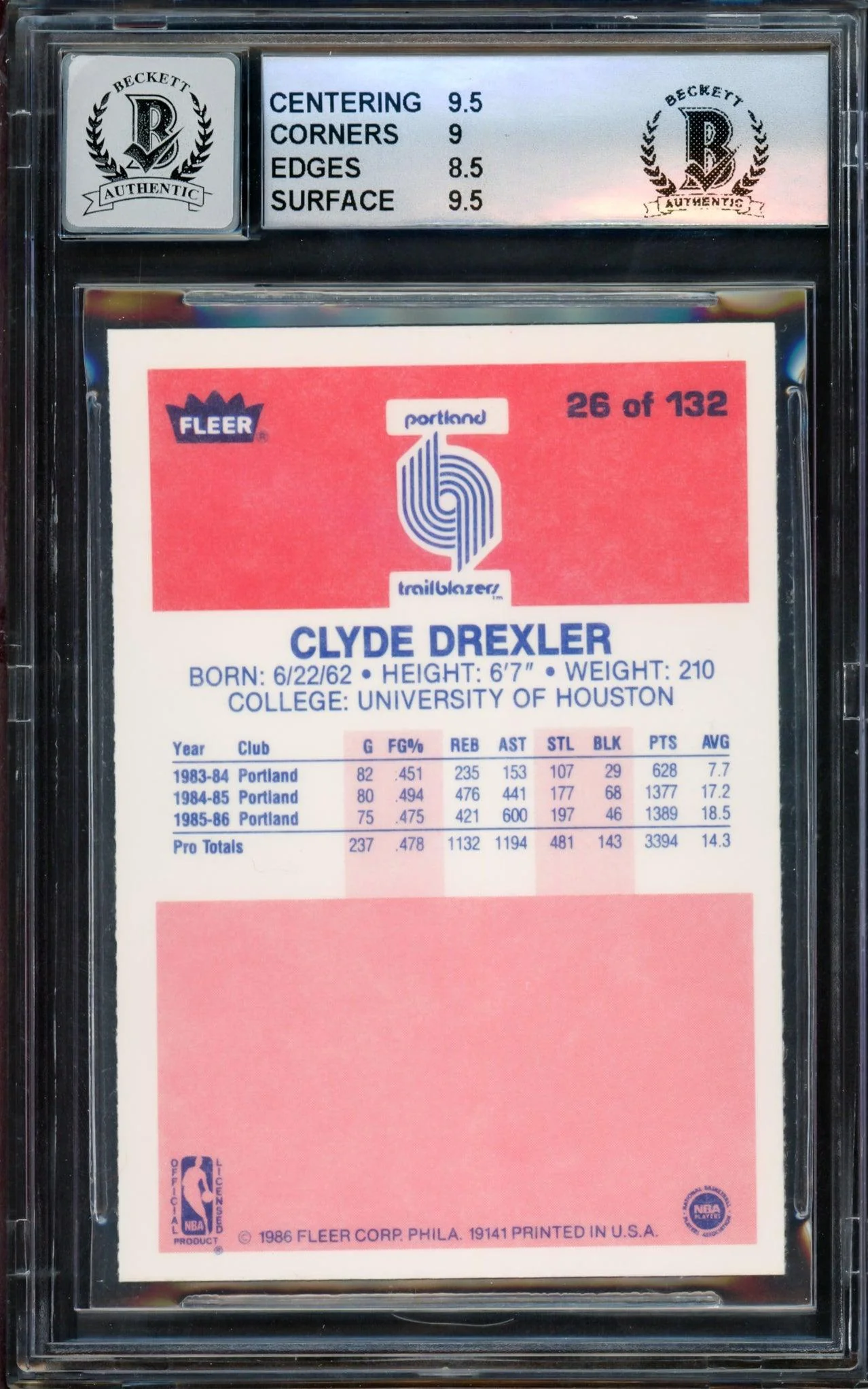 Clyde Drexler Autographed 1986-87 Fleer Rookie Card #26 Portland Trail Blazers BGS 9 Auto Grade Gem Mint 10 Beckett BAS #14323827 - Image 2