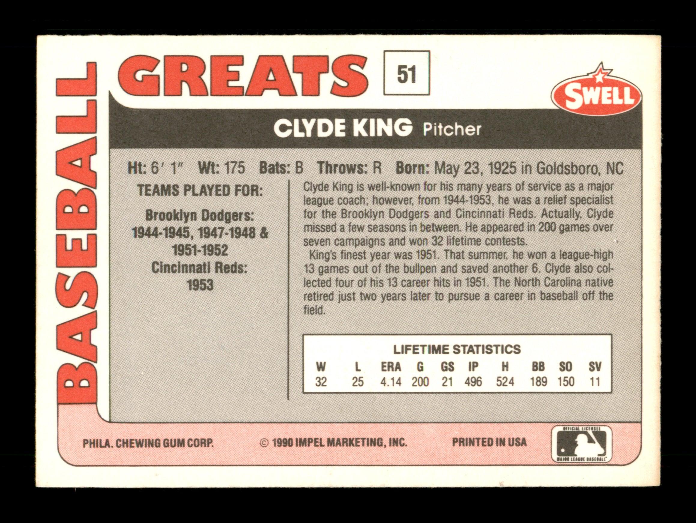 Clyde King Autographed 1990 Swell Baseball Greats Card #51 Brooklyn Dodgers SKU #189055 - Image 2