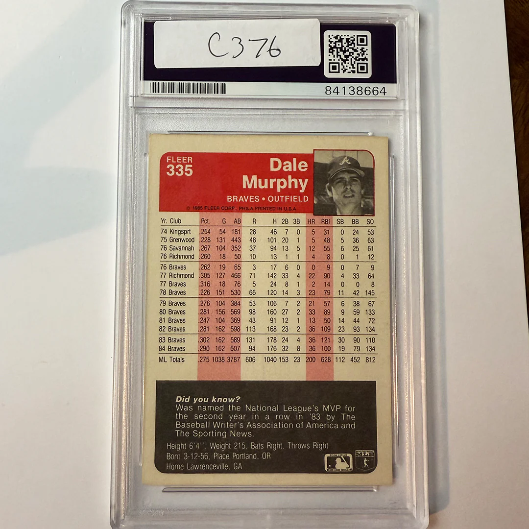 Dale Murphy Signed 1985 Fleer #335 PSA Auto Authentic - Image 2