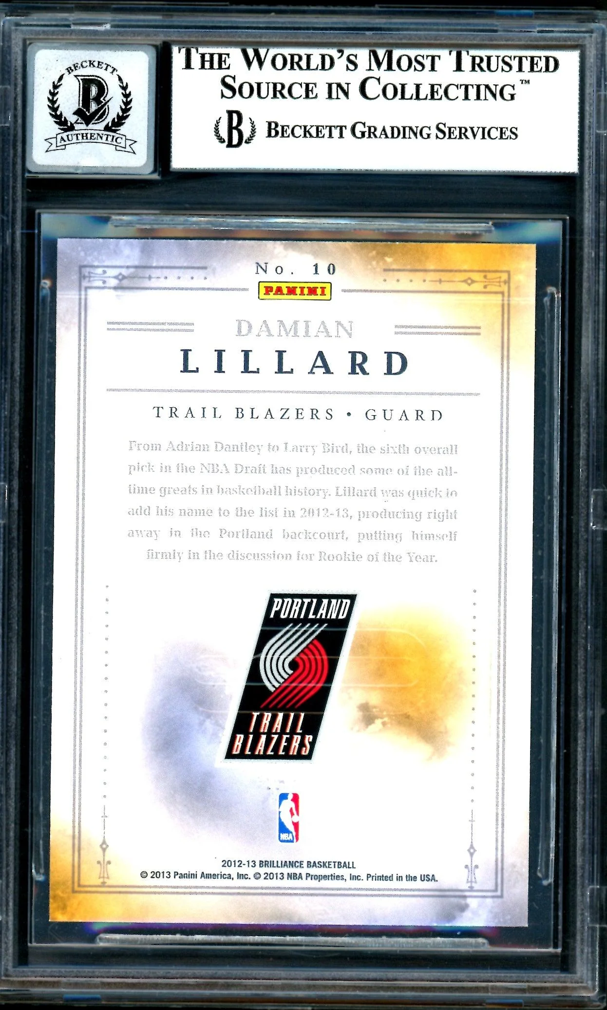 Damian Lillard Autographed 2012-13 Panini Brilliance Magic Numbers Rookie Card #10 Portland Trail Blazers Auto Grade Gem Mint 10 Beckett BAS #13605360 - Image 2