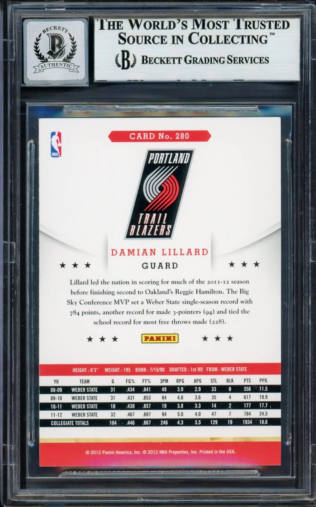 Damian Lillard Autographed 2012-13 Panini Hoops Rookie Card #280 Portland Trail Blazers Auto Grade Gem Mint 10 Beckett BAS #13605485 - Image 2