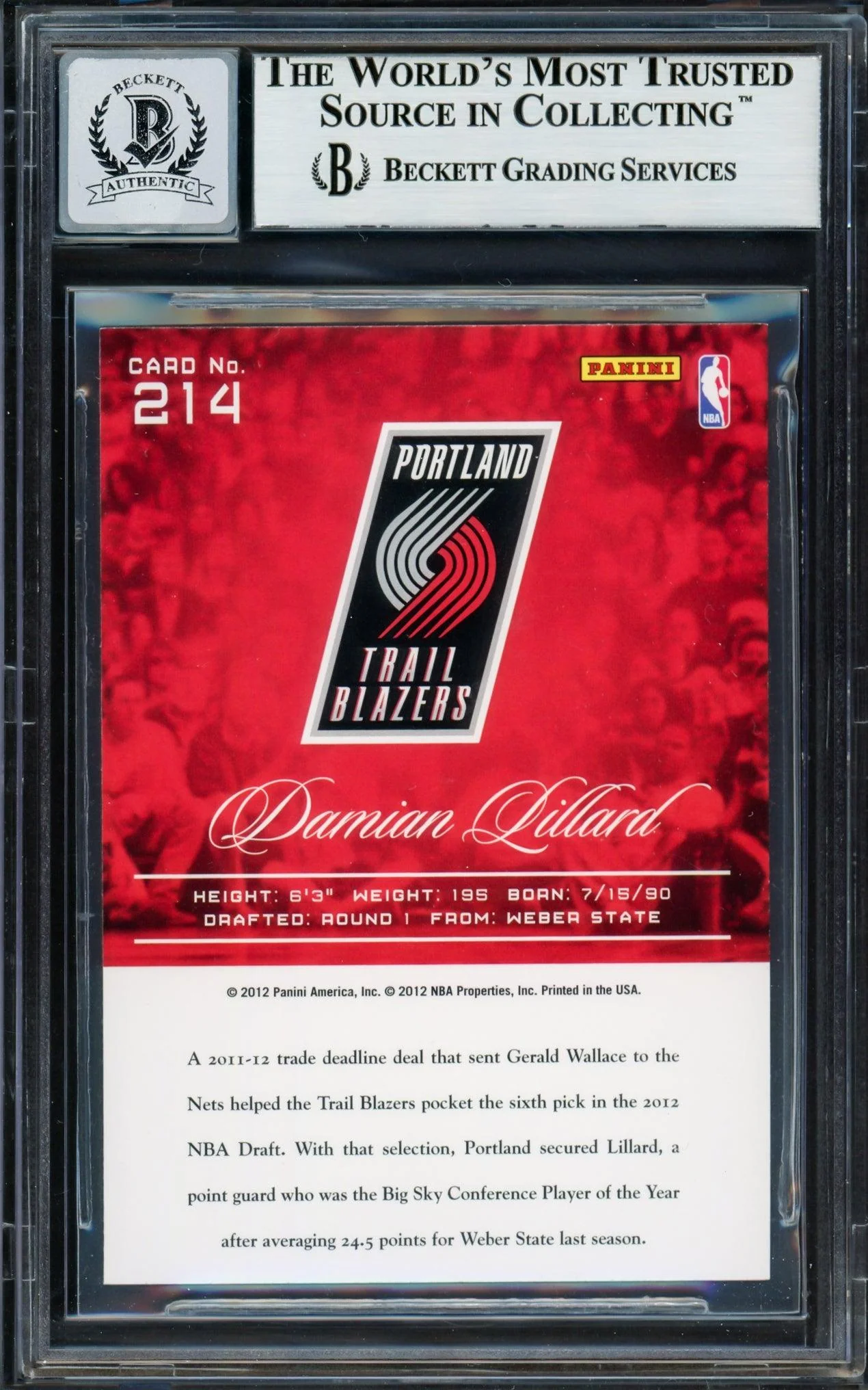 Damian Lillard Autographed 2012-13 Panini Prestige Rookie Card #214 Portland Trail Blazers Auto Grade Gem Mint 10 Beckett BAS #13605380 - Image 2