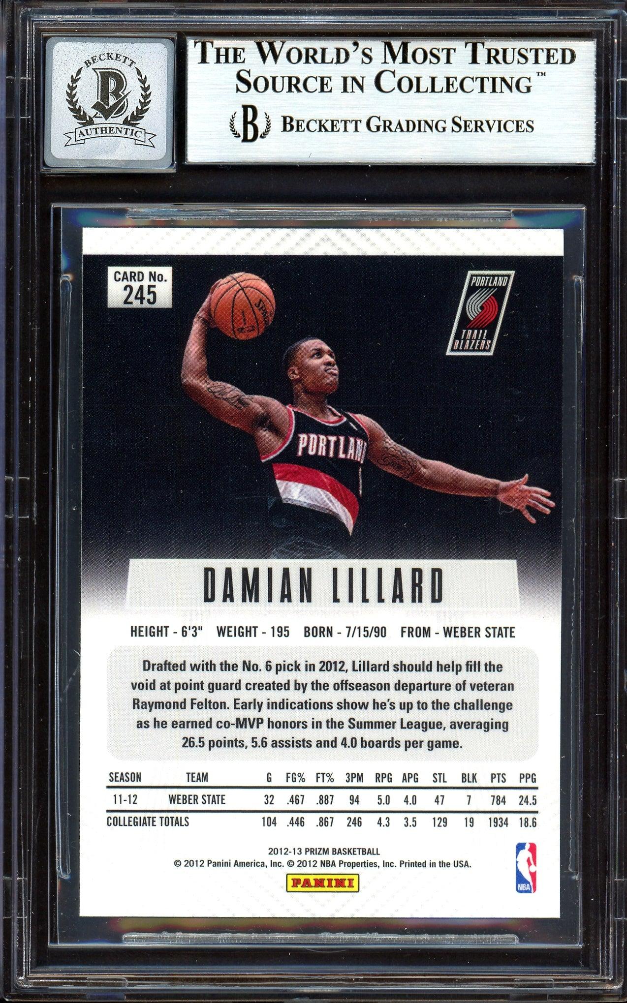 Damian Lillard Autographed 2012-13 Panini Prizm Rookie Card #245 Portland Trail Blazers Auto Grade Gem Mint 10 On Card Beckett BAS #13605094 - Image 2