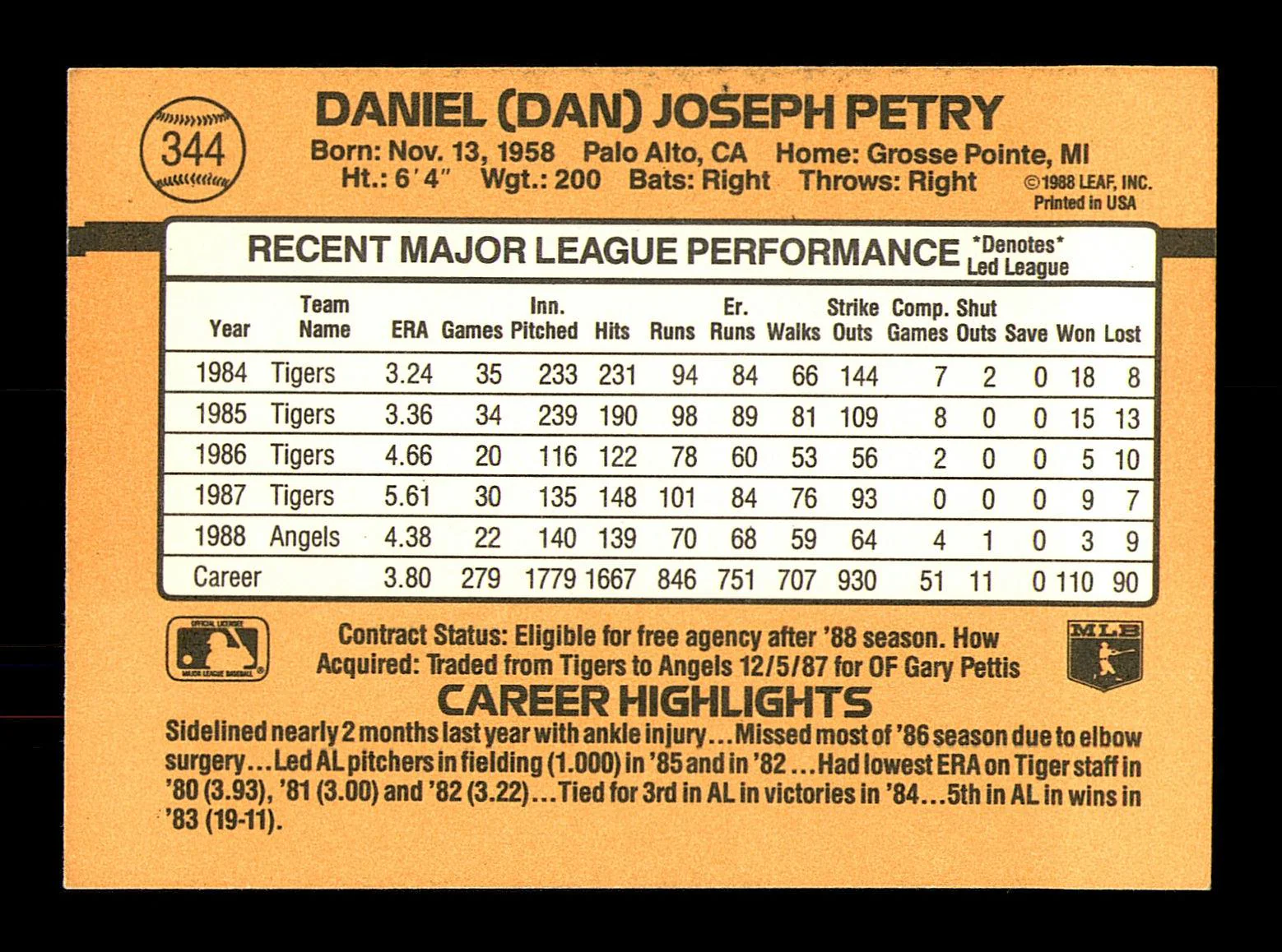 Dan Petry Autographed 1989 Donruss Card #344 California Angels SKU #184421 - Image 2