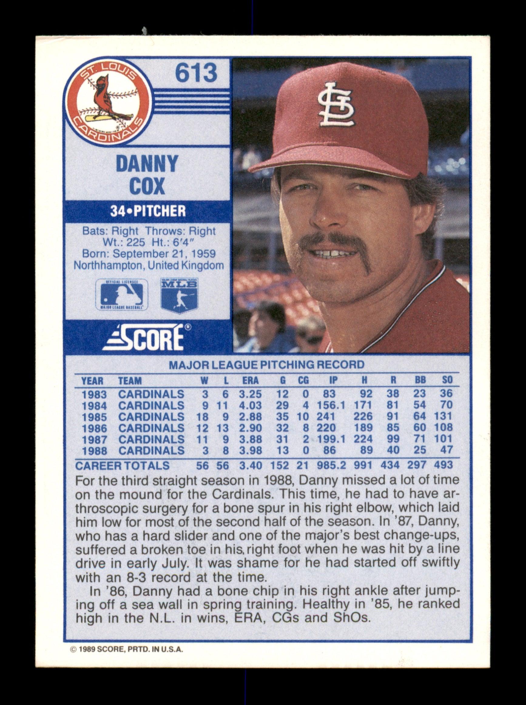 Danny Cox Autographed 1989 Score Card #613 St. Louis Cardinals SKU #188278 - Image 2