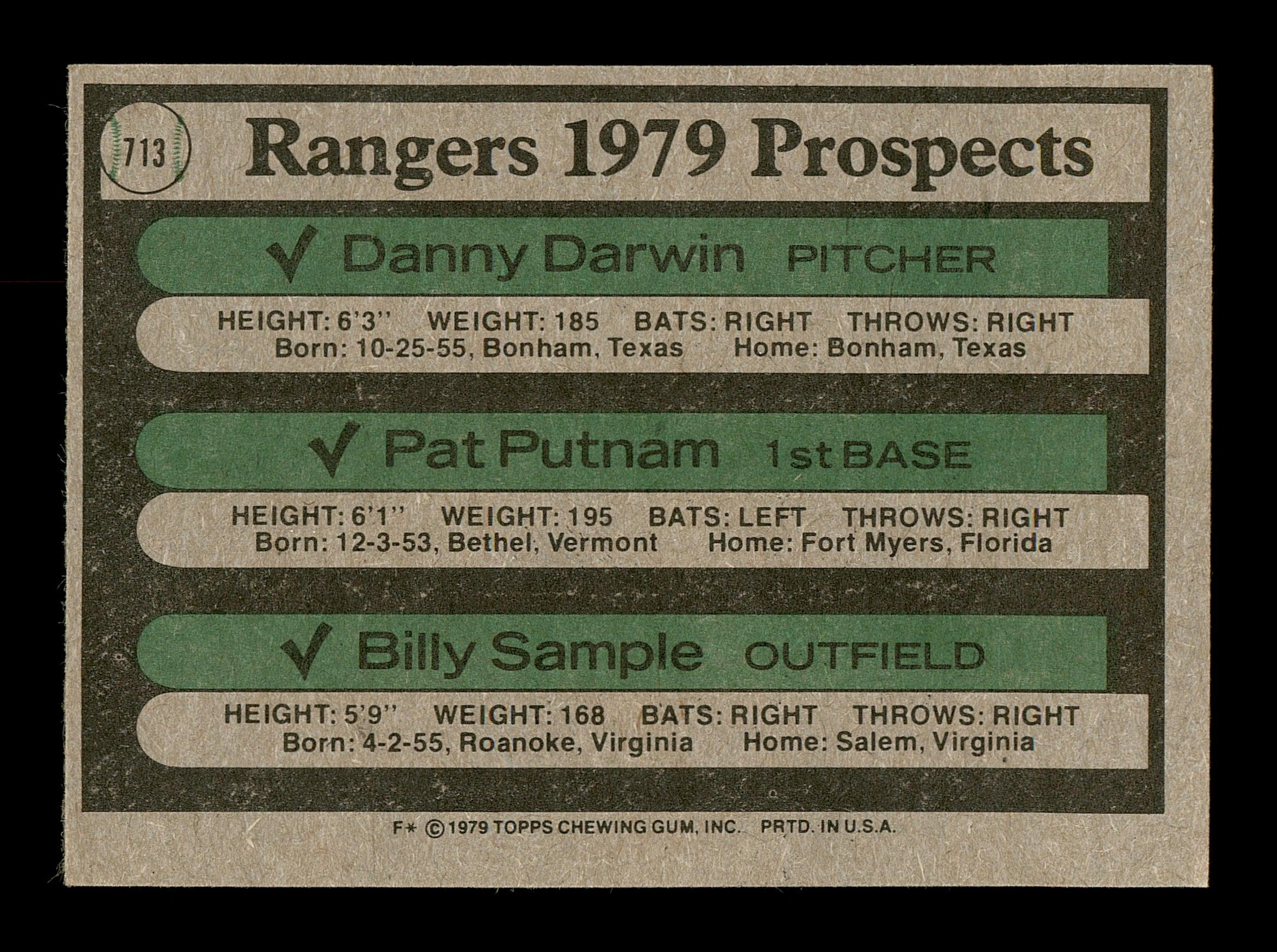 Danny Darwin, Pat Putnam & Billy Sample Autographed 1979 Topps Rookie Card #713 Texas Rangers SKU #166892 - Image 2