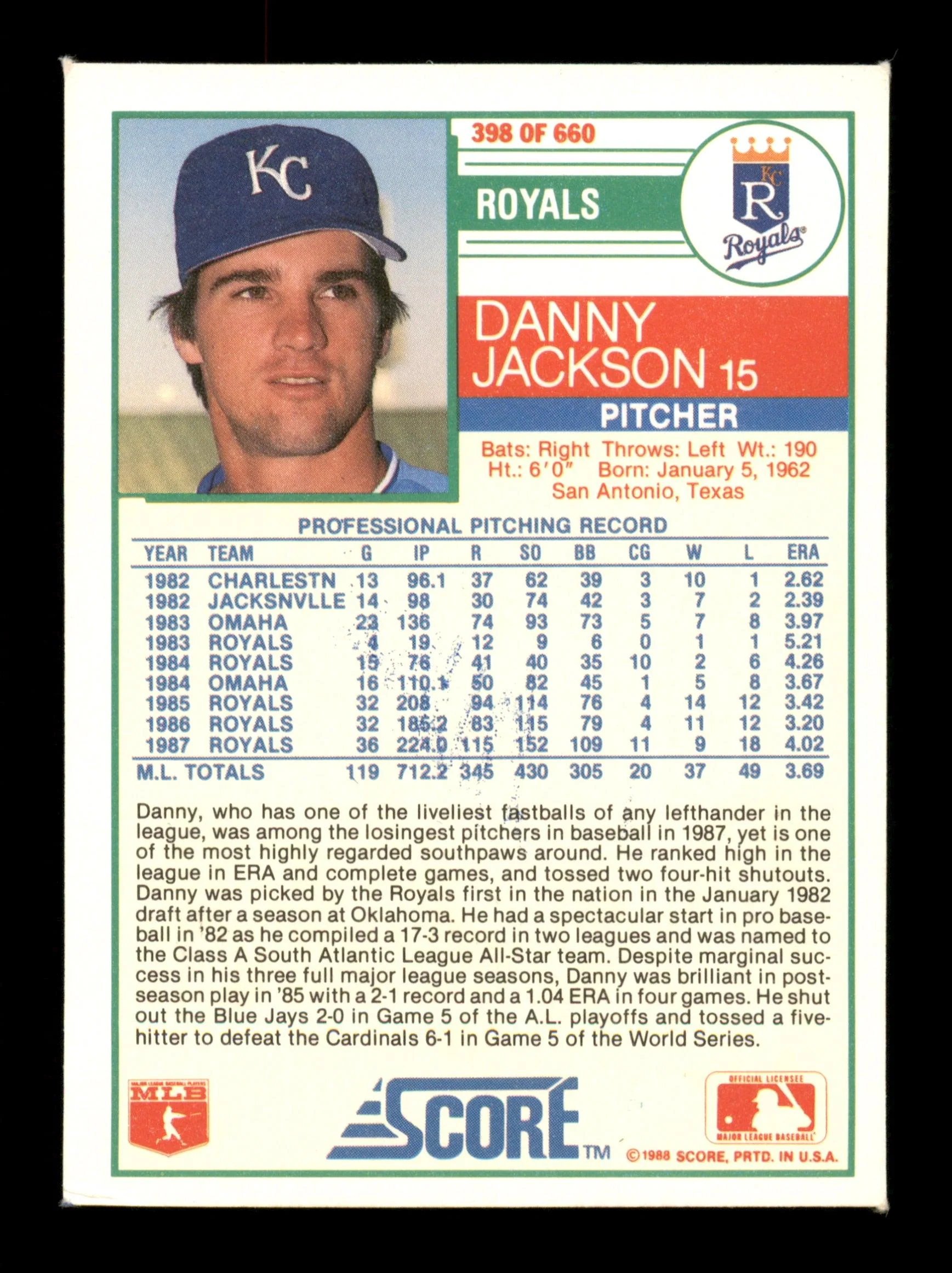 Danny Jackson Autographed 1988 Score Card #398 Kansas City Royals SKU #188405 - Image 2