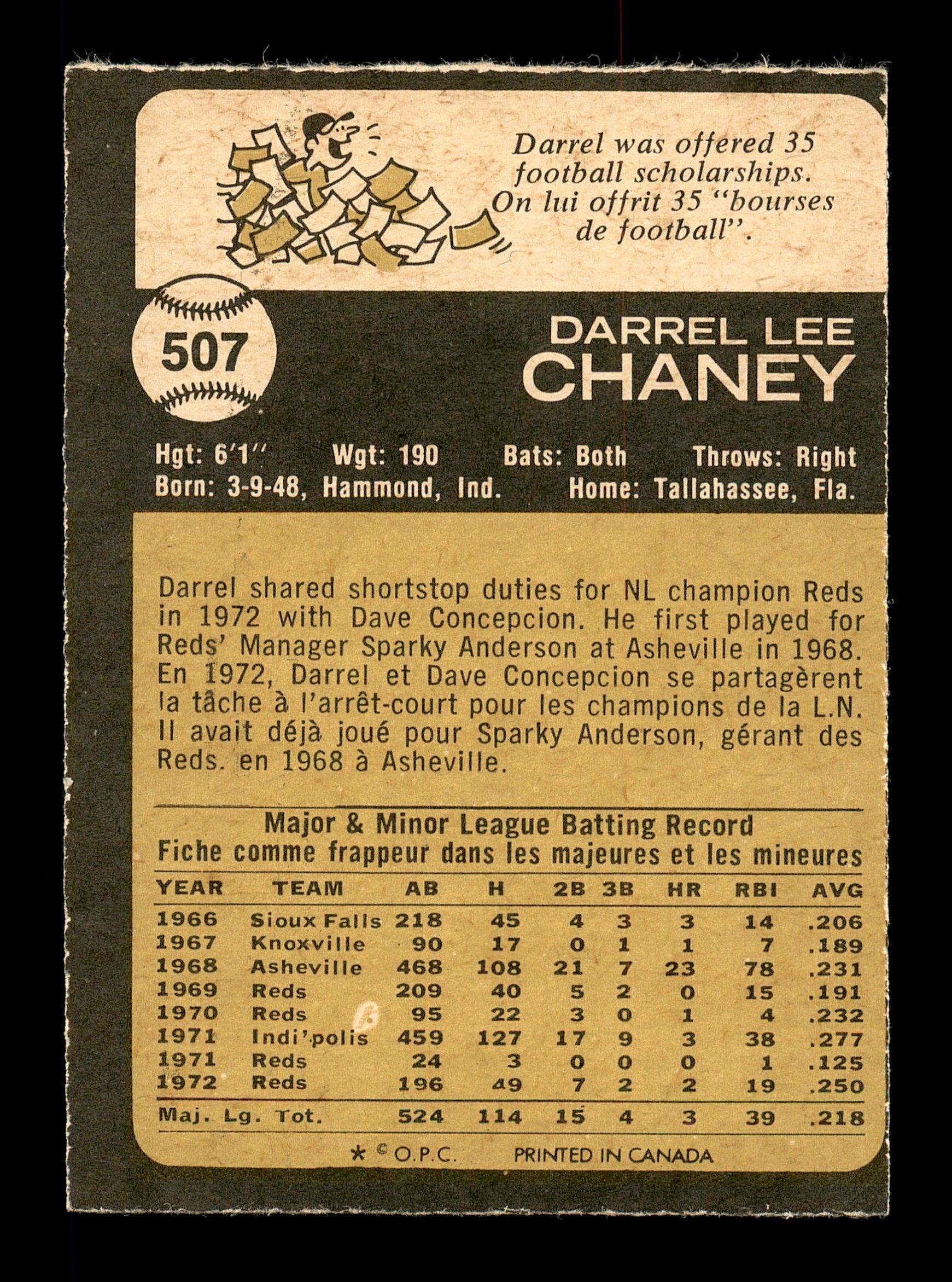 Darrel Chaney Autographed 1973 O-Pee-Chee Card #507 Cincinnati Reds SKU #169285 - Image 2