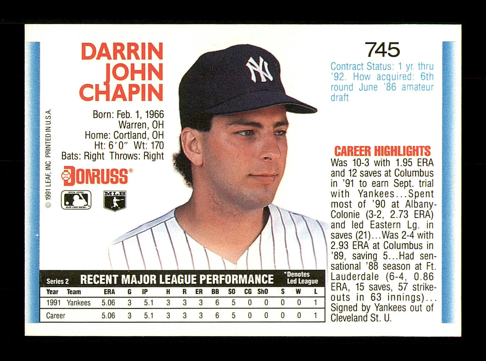 Darrin Chapin Autographed 1992 Donruss Rookie Card #745 New York Yankees SKU #184573 - Image 2