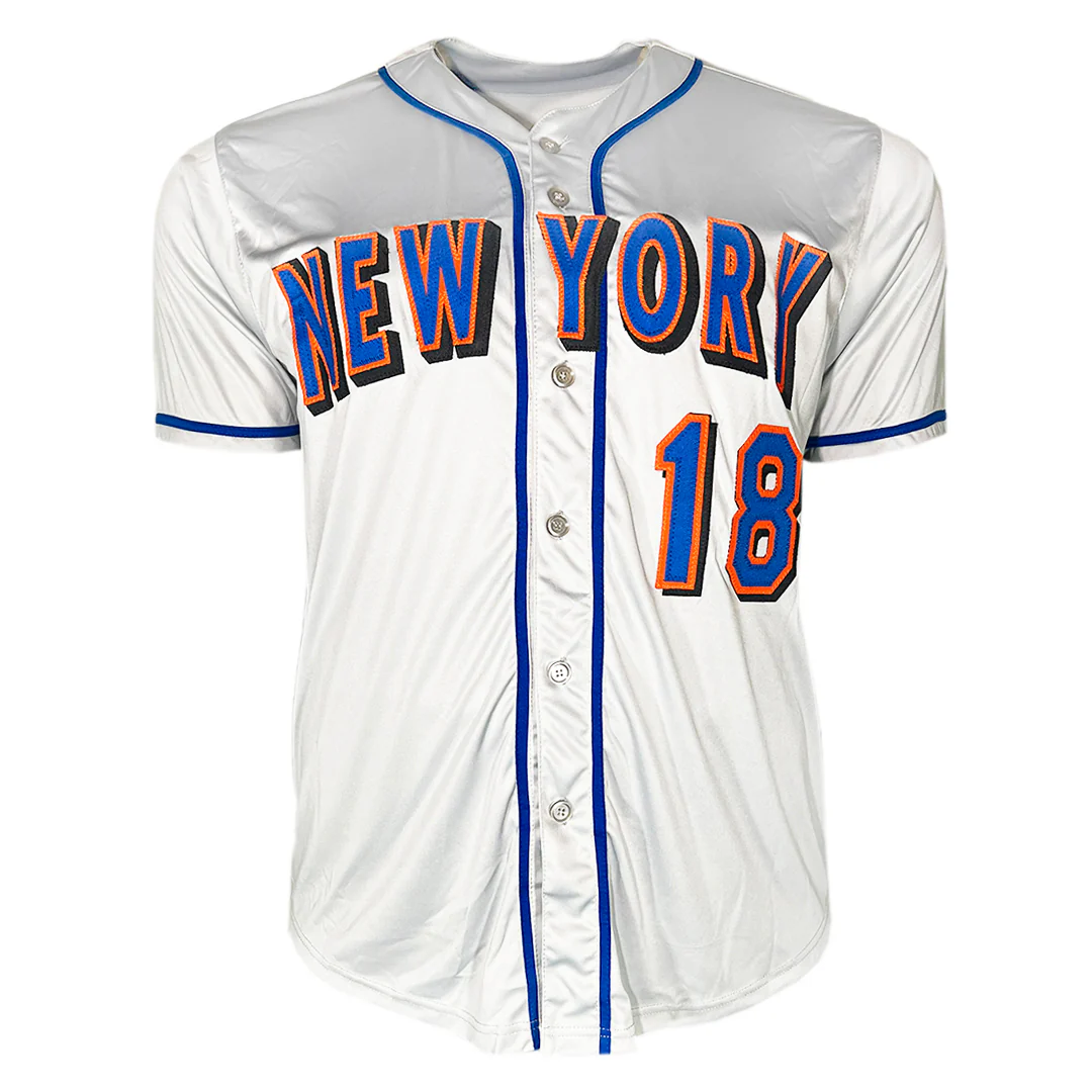 Darryl Strawberry Signed 86 WS Champs Inscription New York #18  Grey Baseball Jersey (MLB) - Image 3