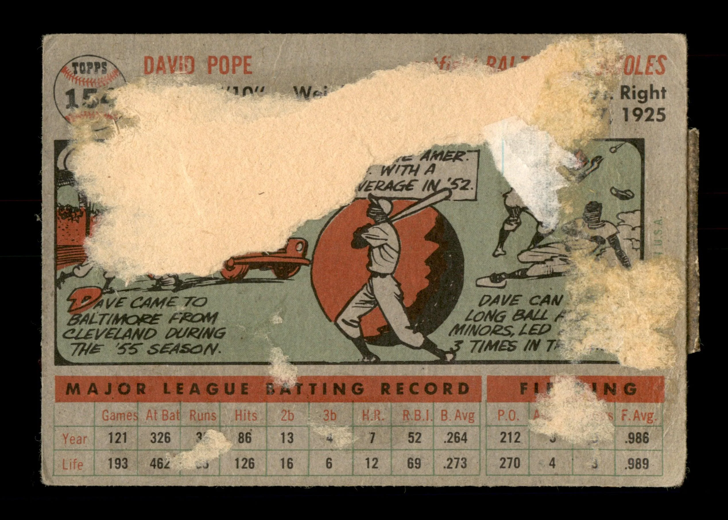 Dave Pope Autographed 1956 Topps Card #154 Baltimore Orioles (Bad Condition) SKU #198420 - Image 2