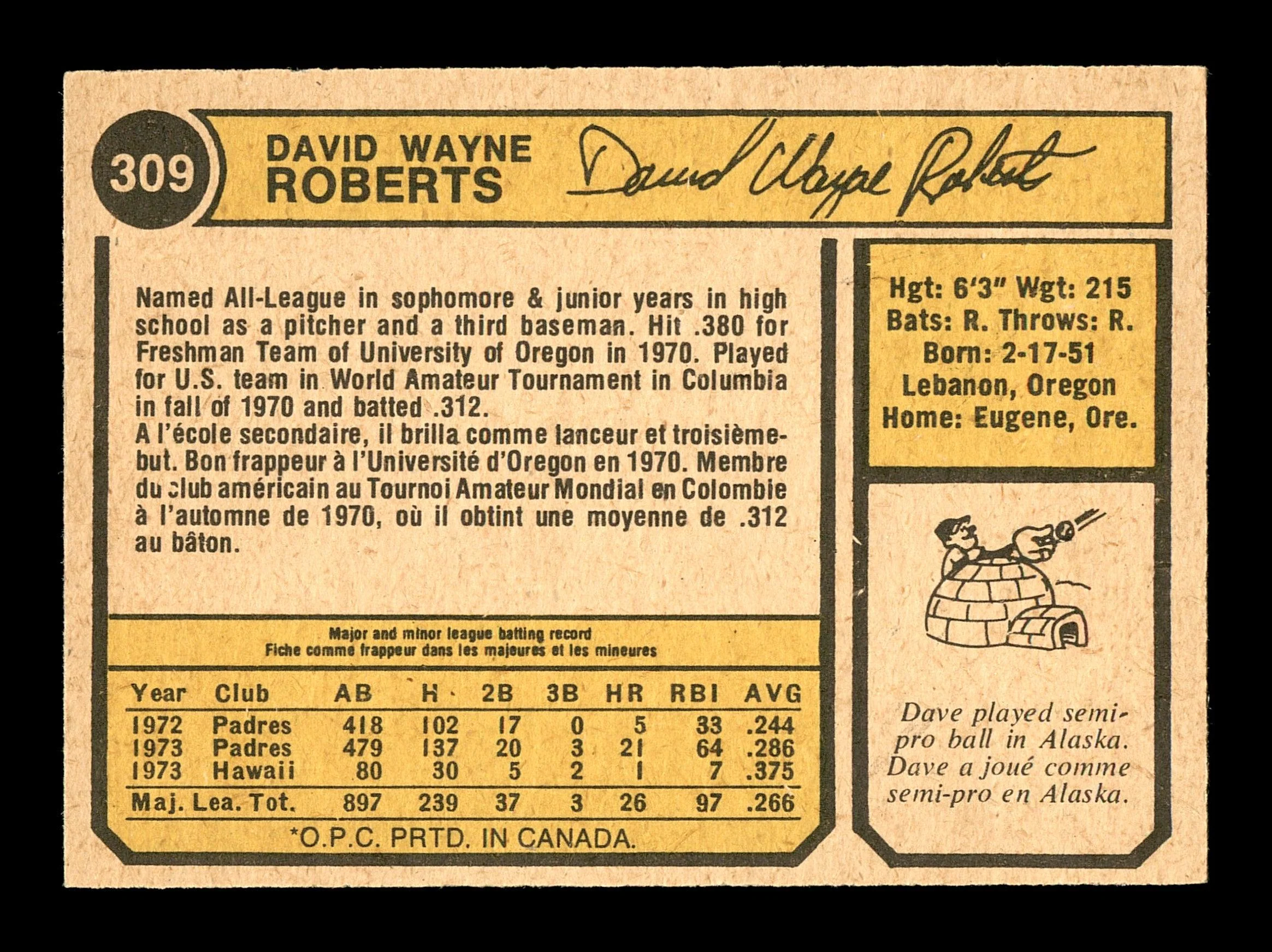 Dave Roberts Autographed 1974 O-Pee-Chee Card #309 San Diego Padres SKU #169343 - Image 2