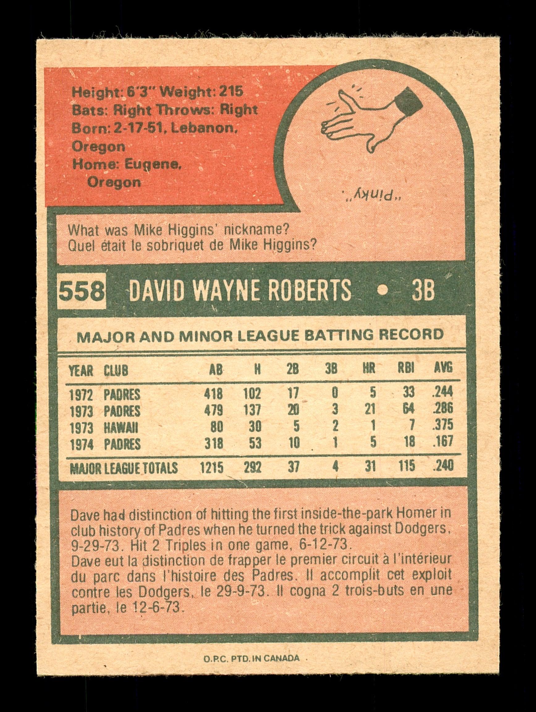 Dave Roberts Autographed 1975 O-Pee-Chee Card #558 San Diego Padres SKU #169413 - Image 2