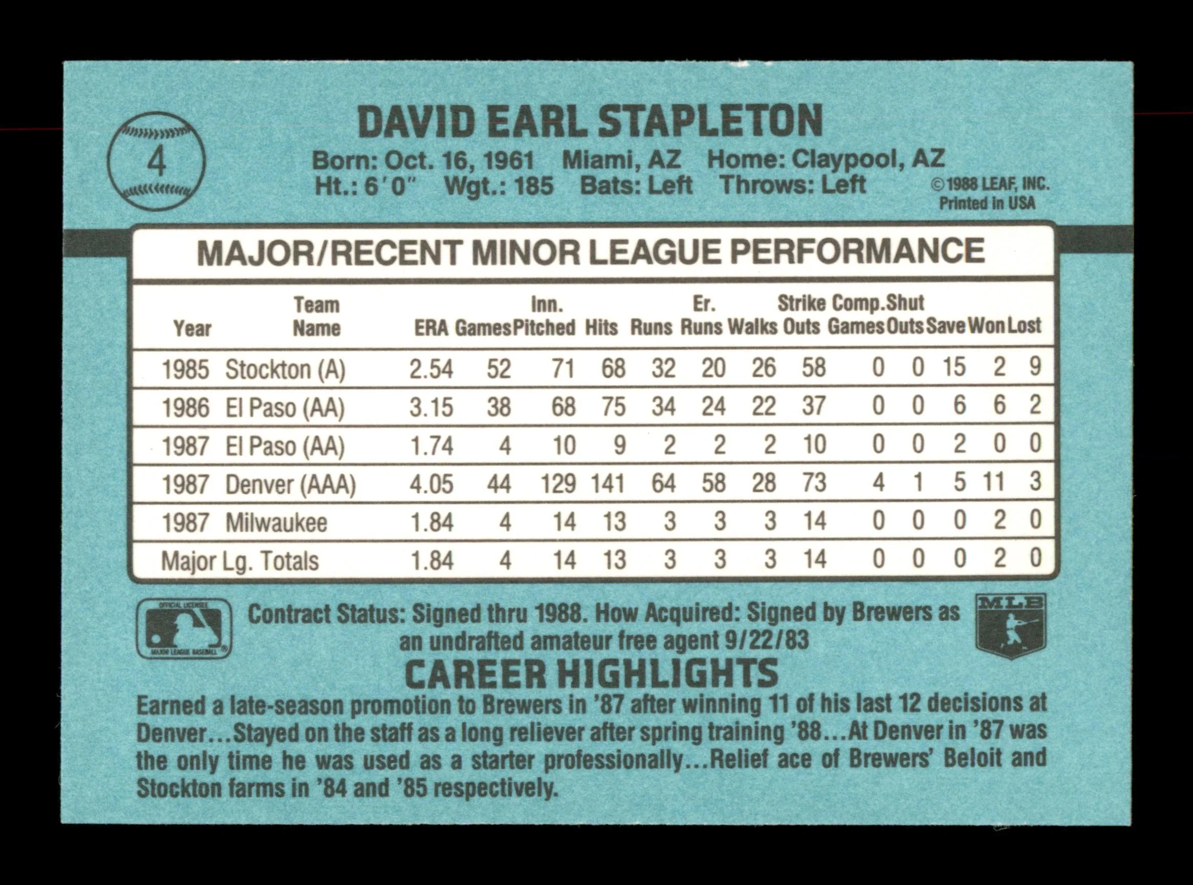 Dave Stapleton Autographed 1988 Donruss The Rookies Rookie Card #4 Milwaukee Brewers SKU #188543 - Image 2