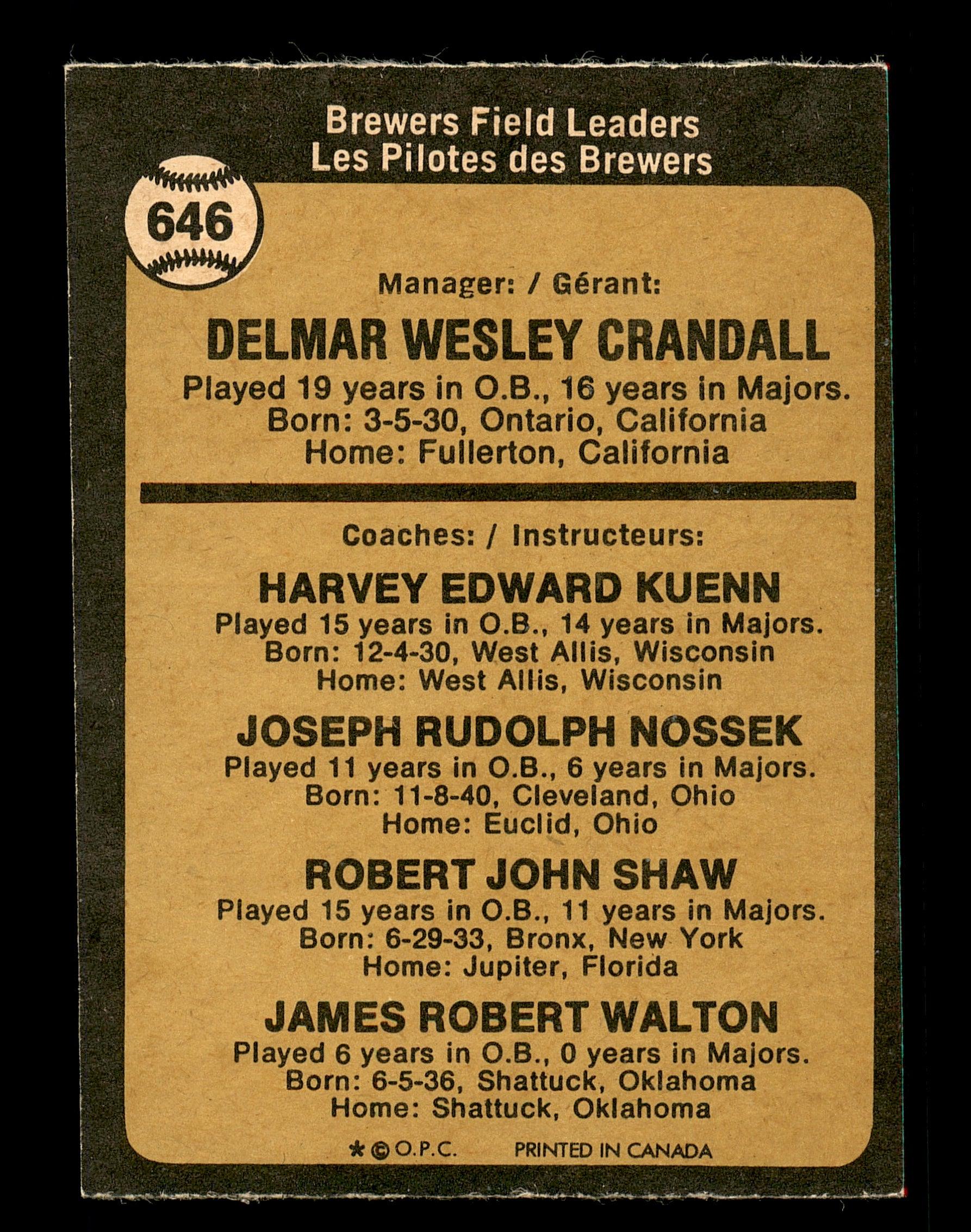 Del Crandall Autographed 1973 O-Pee-Chee Card #646 Milwaukee Brewers SKU #169326 - Image 2