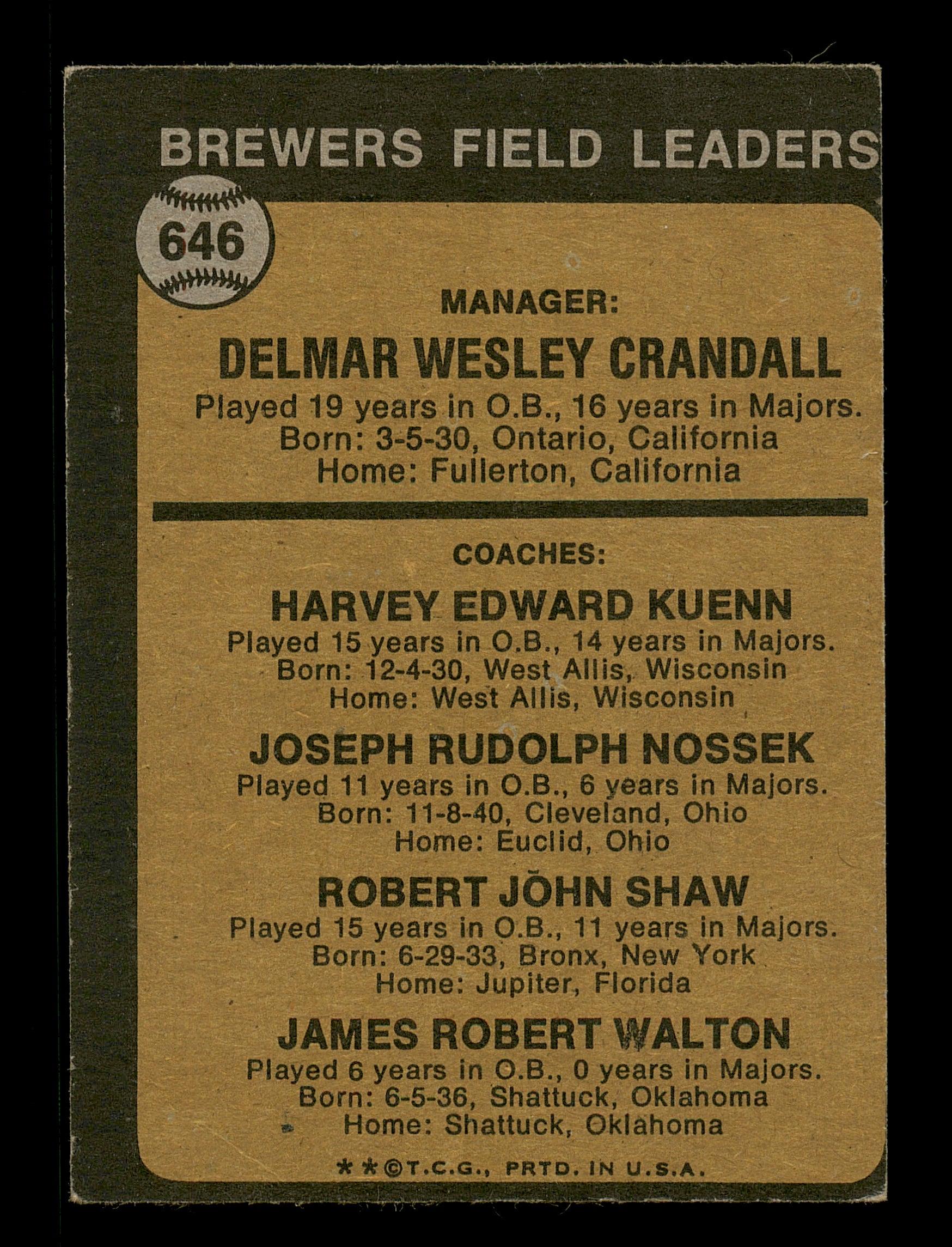 Del Crandall, Joe Nossek & Bob Shaw Autographed 1973 Topps Card #646 Milwaukee Brewers High Number SKU #167584 - Image 2