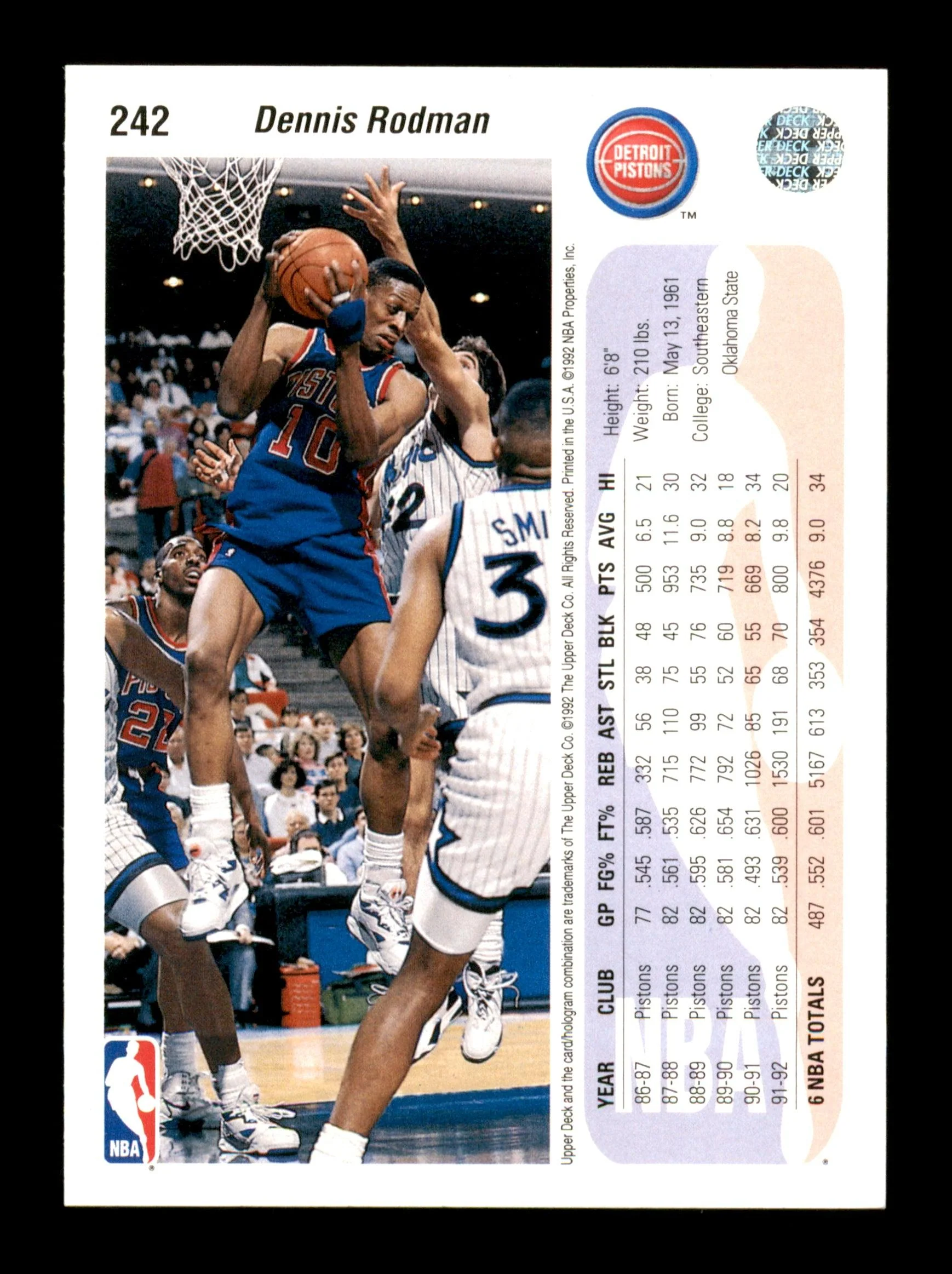 Dennis Rodman Autographed 1992-93 Upper Deck Card #242 Detroit Pistons SKU #190490 - Image 2