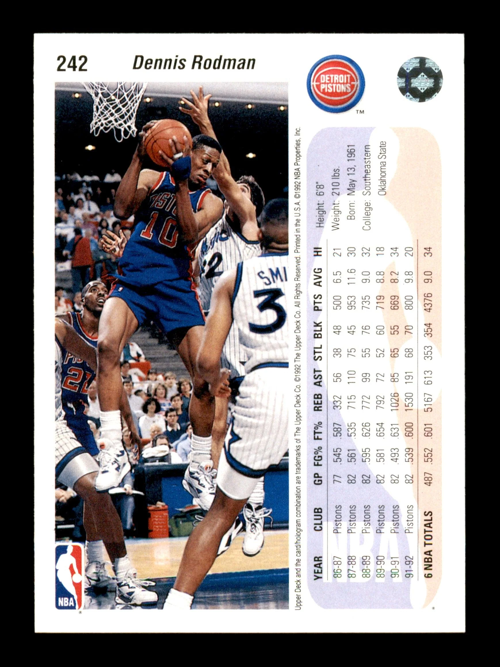 Dennis Rodman Autographed 1992-93 Upper Deck Card #242 Detroit Pistons SKU #190493 - Image 2