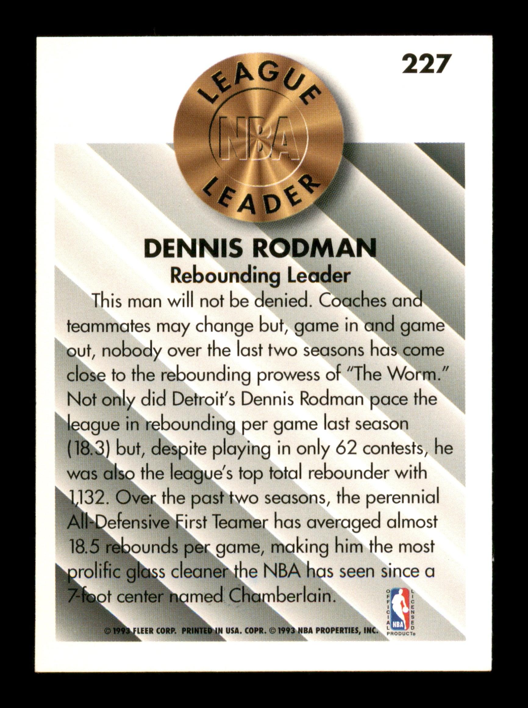 Dennis Rodman Autographed 1993-94 Fleer Card #227 Detroit Pistons SKU #190497 - Image 2
