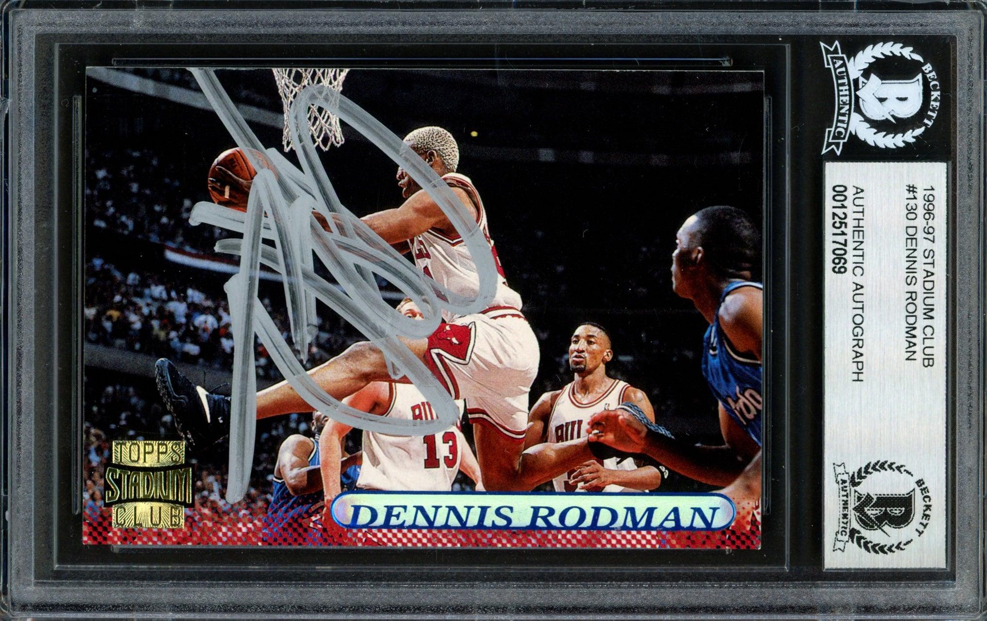 Dennis Rodman Autographed 1996-97 Stadium Club Card #130 Chicago Bulls Signed In Silver Beckett BAS #12517069