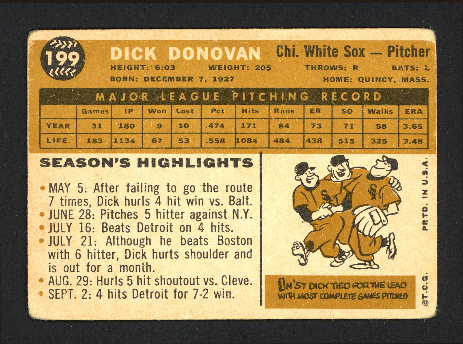 Dick Donovan Autographed 1960 Topps Card #199 Chicago White Sox SKU #164303 - Image 2
