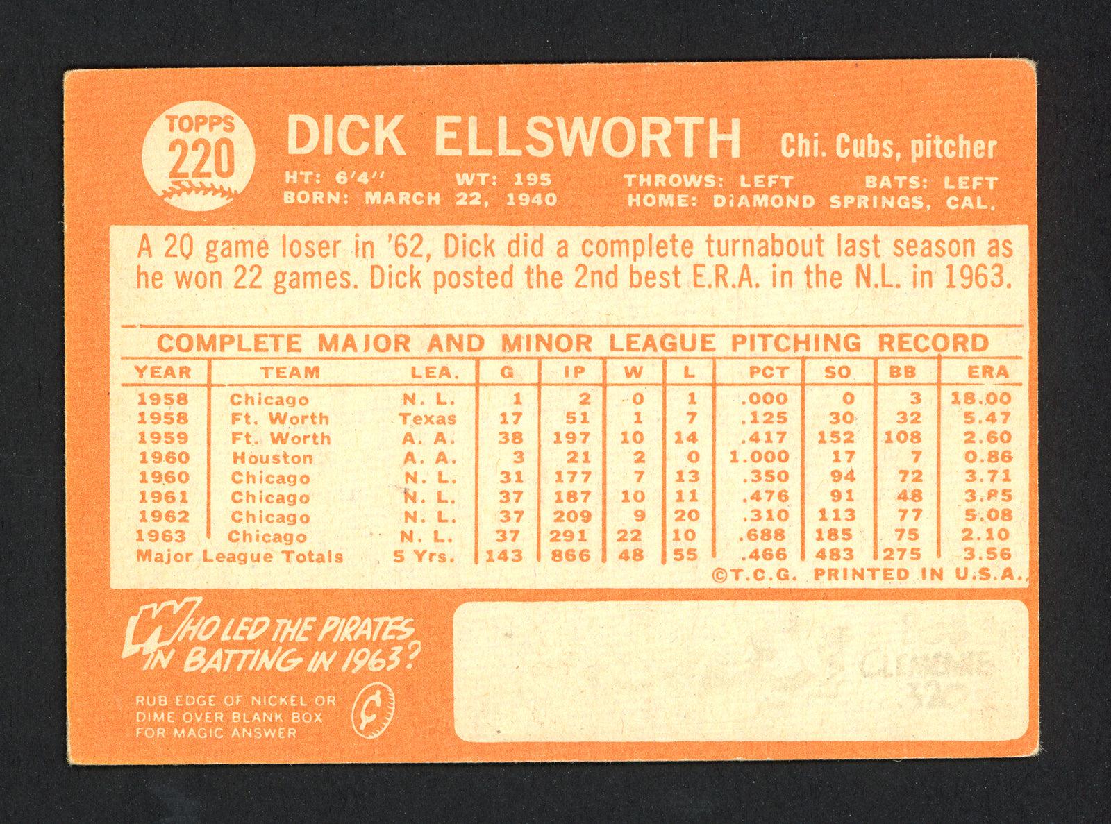 Dick Ellsworth Autographed 1964 Topps Card #220 Chicago Cubs SKU #162068 - Image 2