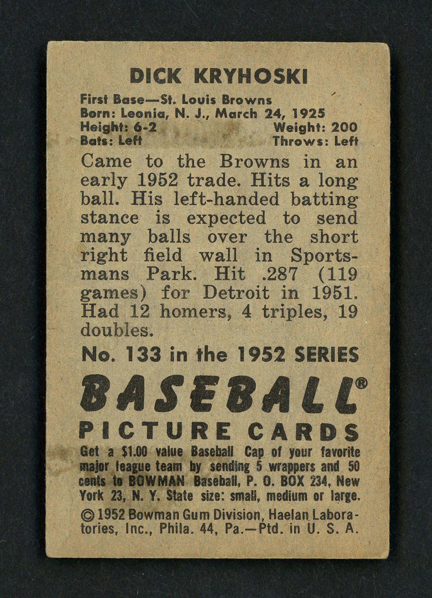 Dick Kryhoski Autographed 1952 Bowman Card #133 St. Louis Browns SKU #156947 - Image 2
