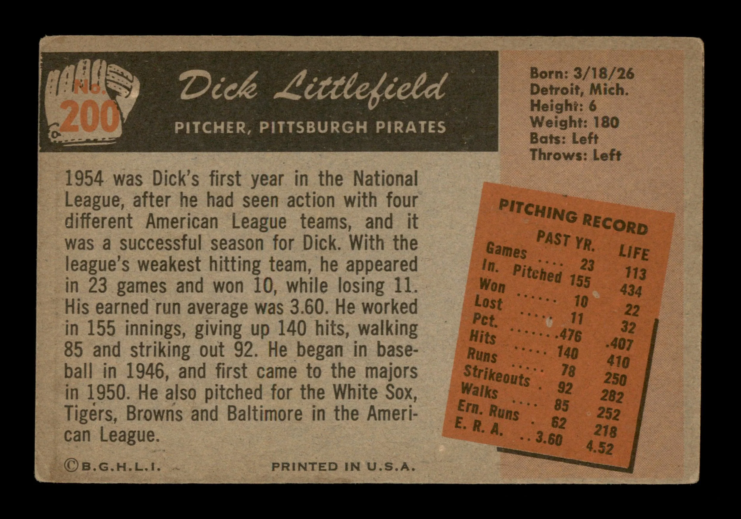Dick Littlefield Autographed 1955 Bowman Card #200 Pittsburgh Pirates SKU #187813 - Image 2