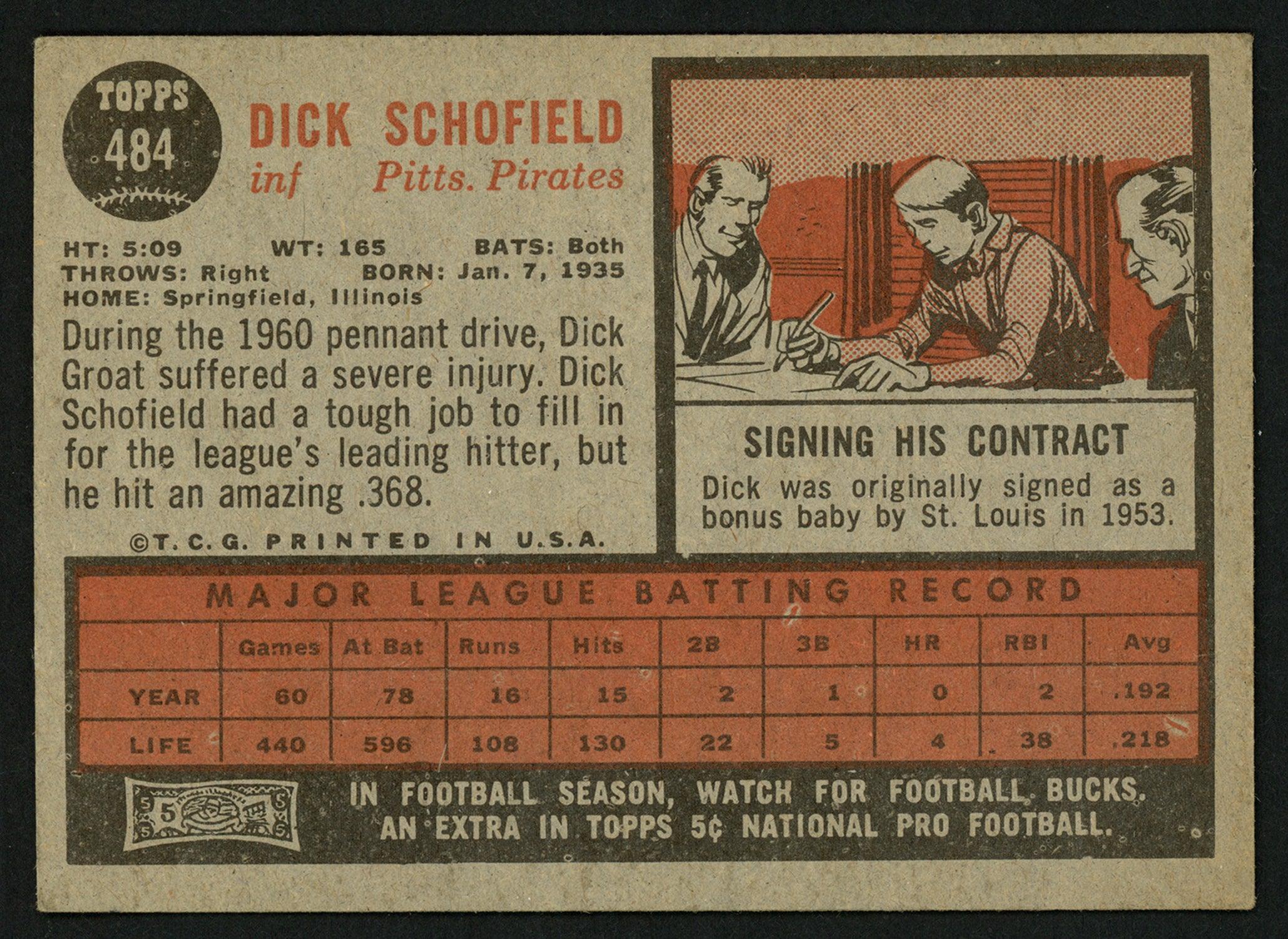 Dick Schofield Autographed 1962 Topps Card #484 Pittsburgh Pirates SKU #150016 - Image 2