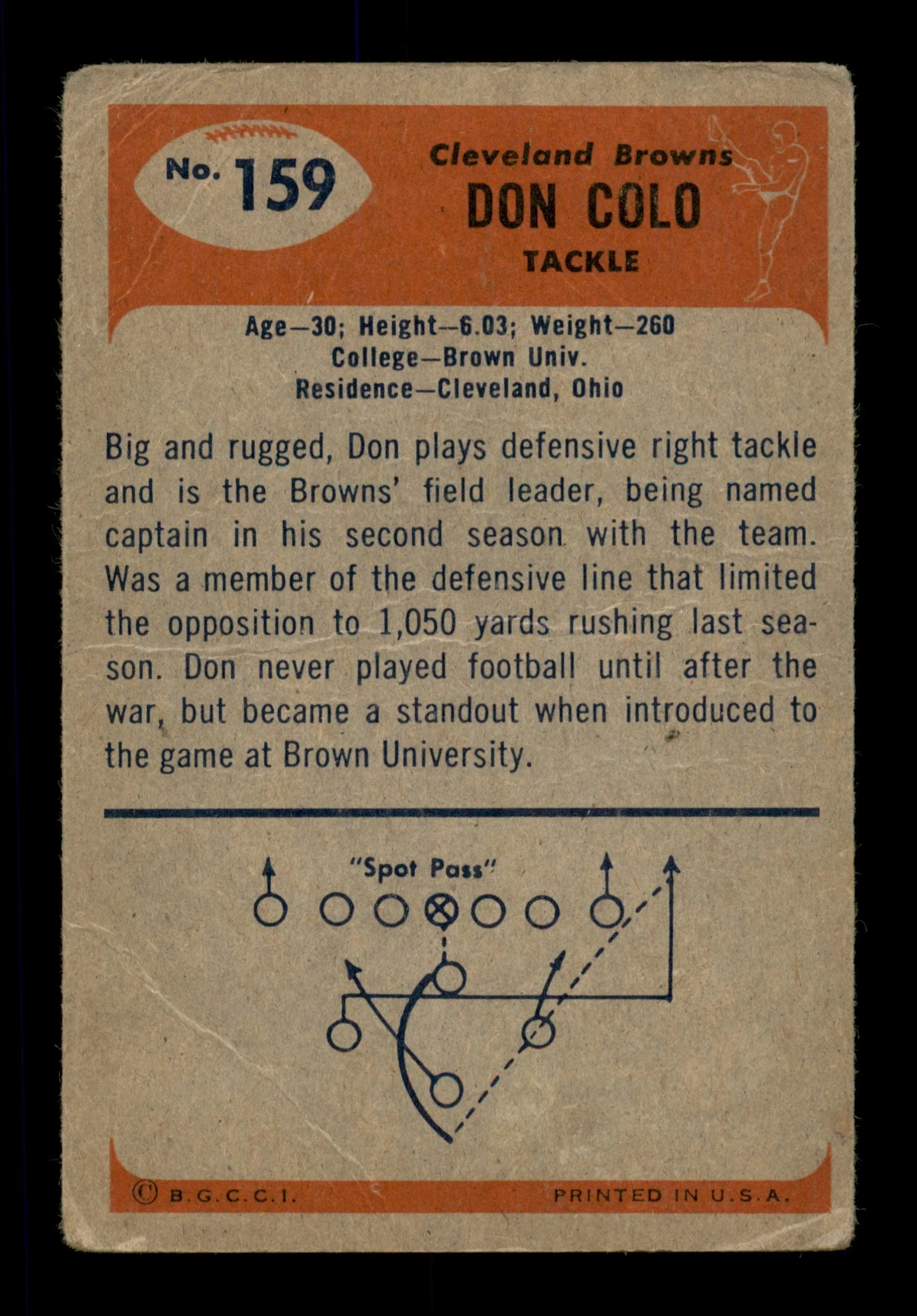 Don Colo Autographed 1955 Bowman Rookie Card #159 Cleveland Browns SKU #198035 - Image 2
