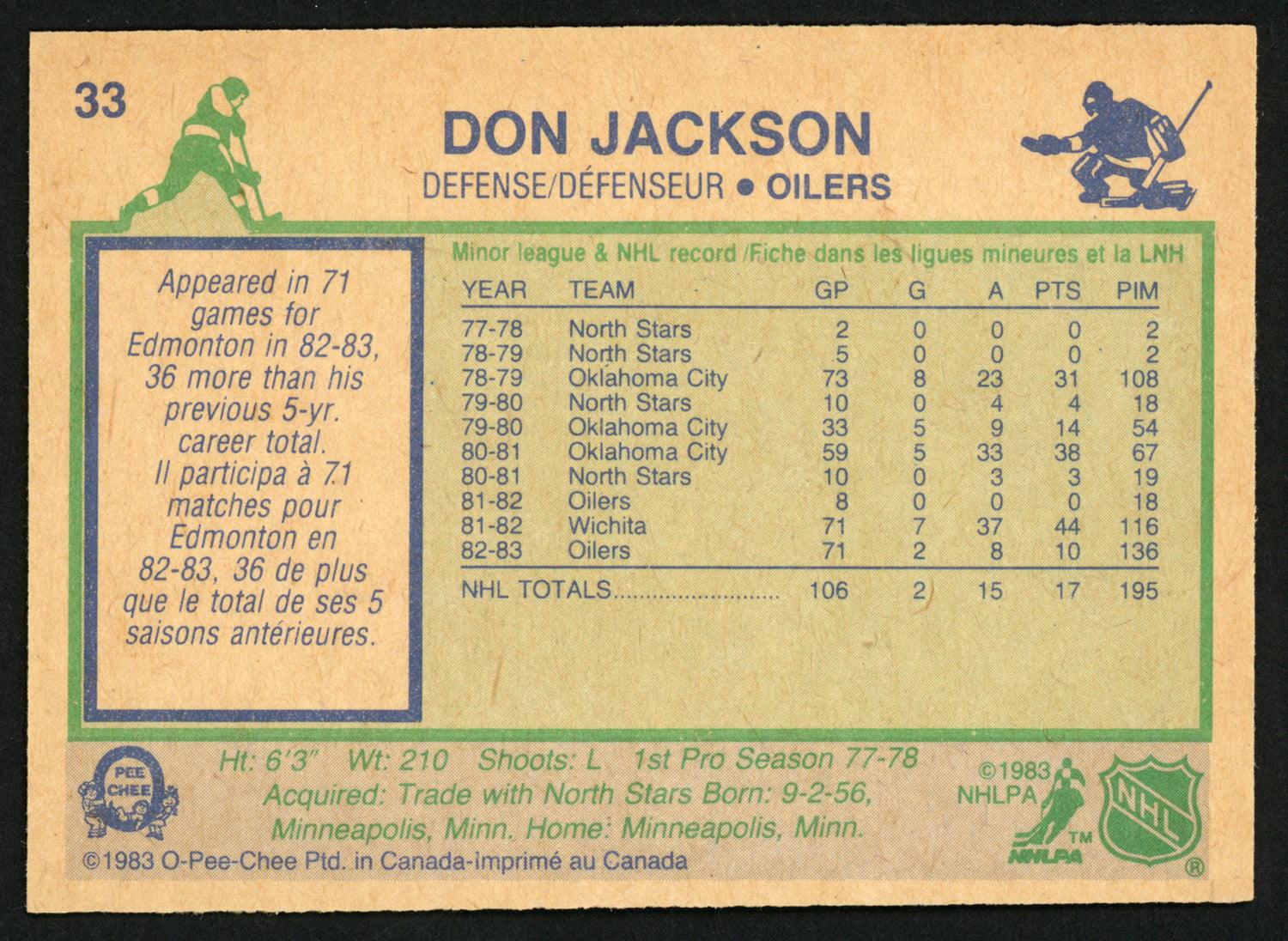Don Jackson Autographed 1983-84 O-Pee-Chee Card #33 Edmonton Oilers SKU #150207 - Image 2