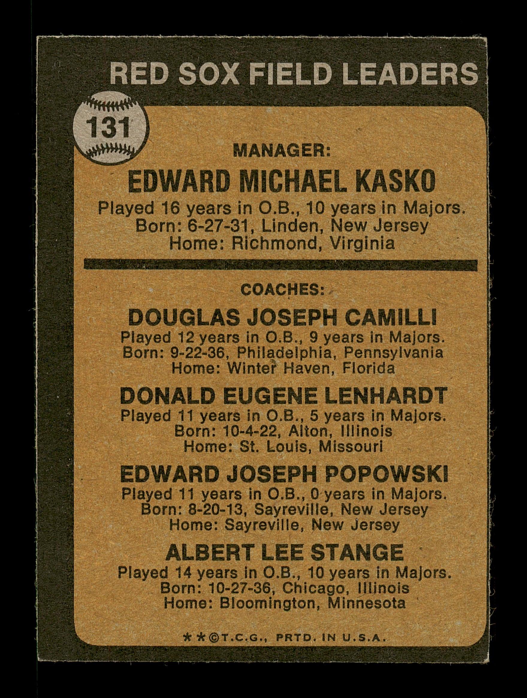 Don Lenhardt & Lee Stange Autographed 1973 Topps Card #131 Boston Red Sox SKU #167590 - Image 2