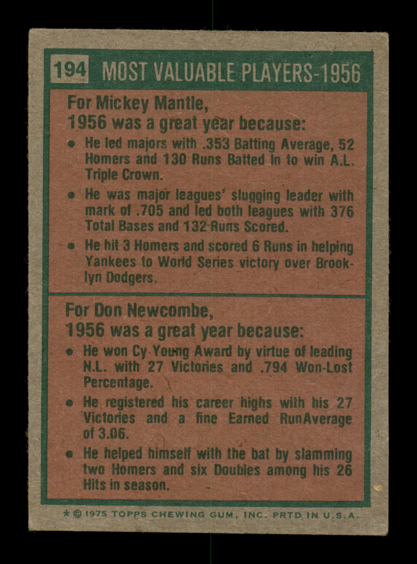 Don Newcombe Autographed 1975 Topps Card #194 Brooklyn Dodgers SKU #203931 - Image 2