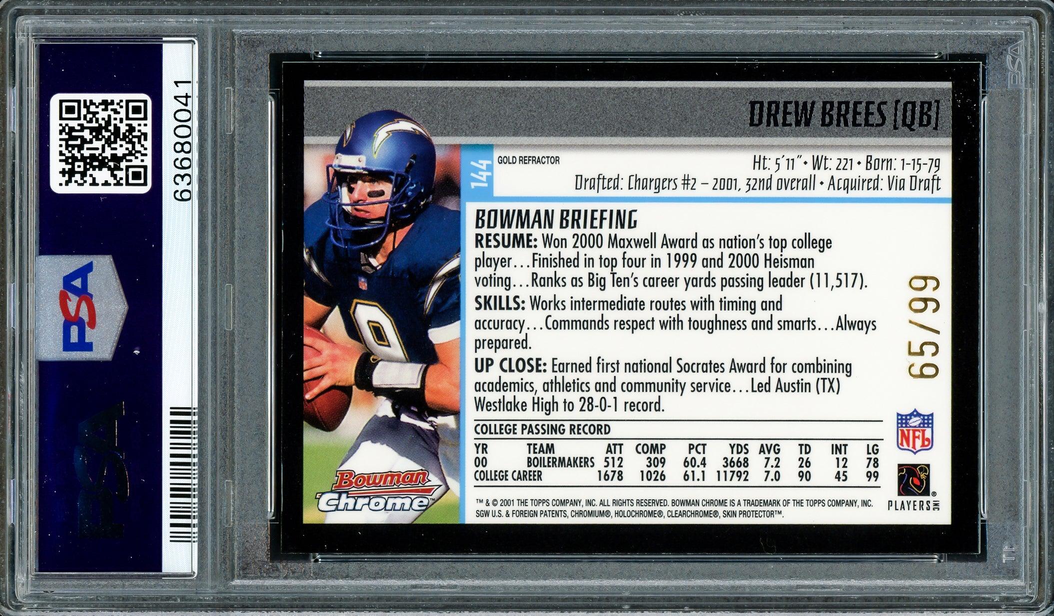 Drew Brees Autographed 2001 Bowman Chrome Gold Refractor Rookie Card #144 New Orleans Saints PSA 7 Auto Grade Gem Mint 10 Pop 1 #/99 PSA/DNA #63680041 - Image 2