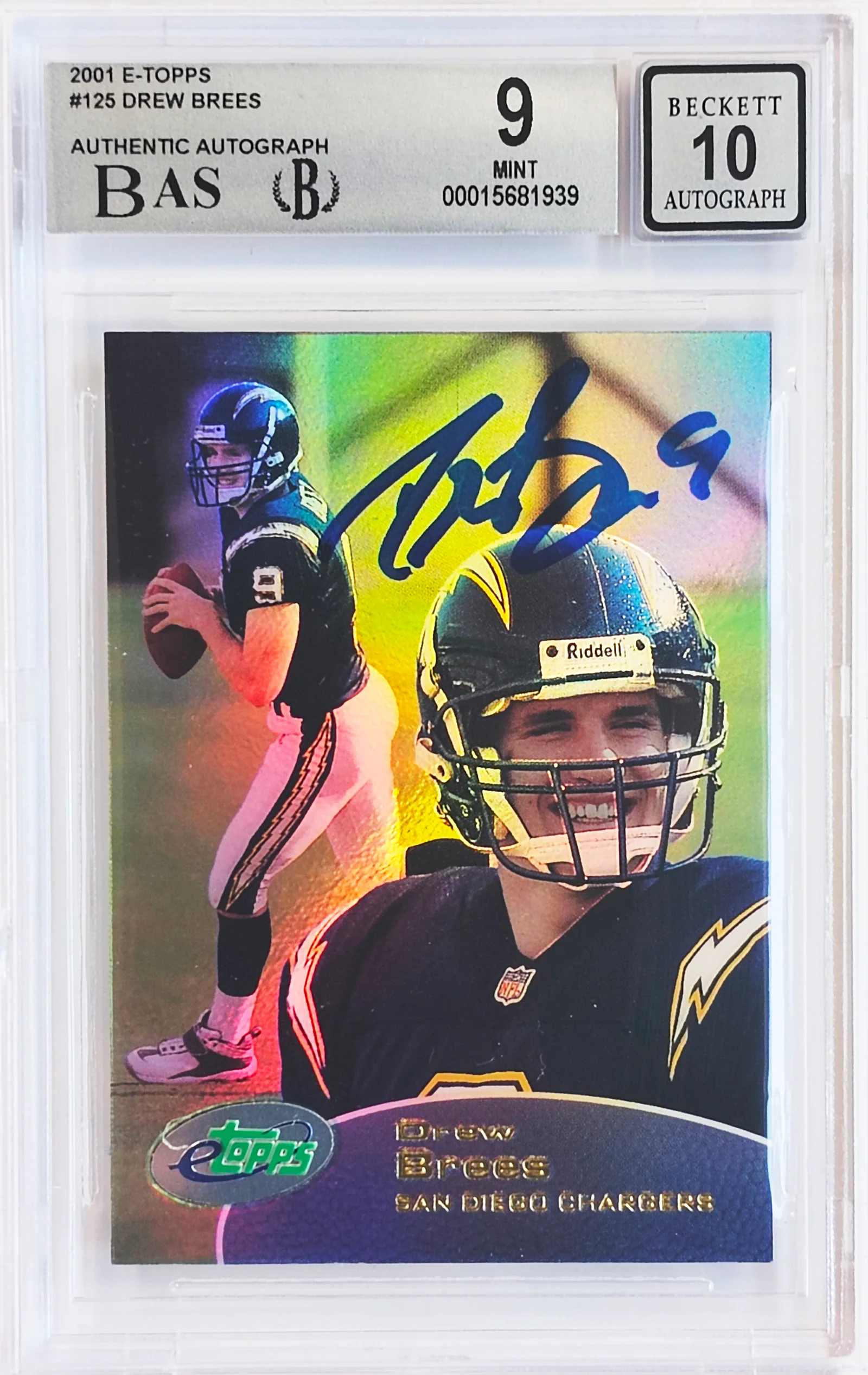 Drew Brees Autographed 2001 eTopps Rookie Card #125 San Diego Chargers BGS 9 Auto Grade Gem Mint 10 Beckett BAS #15681939