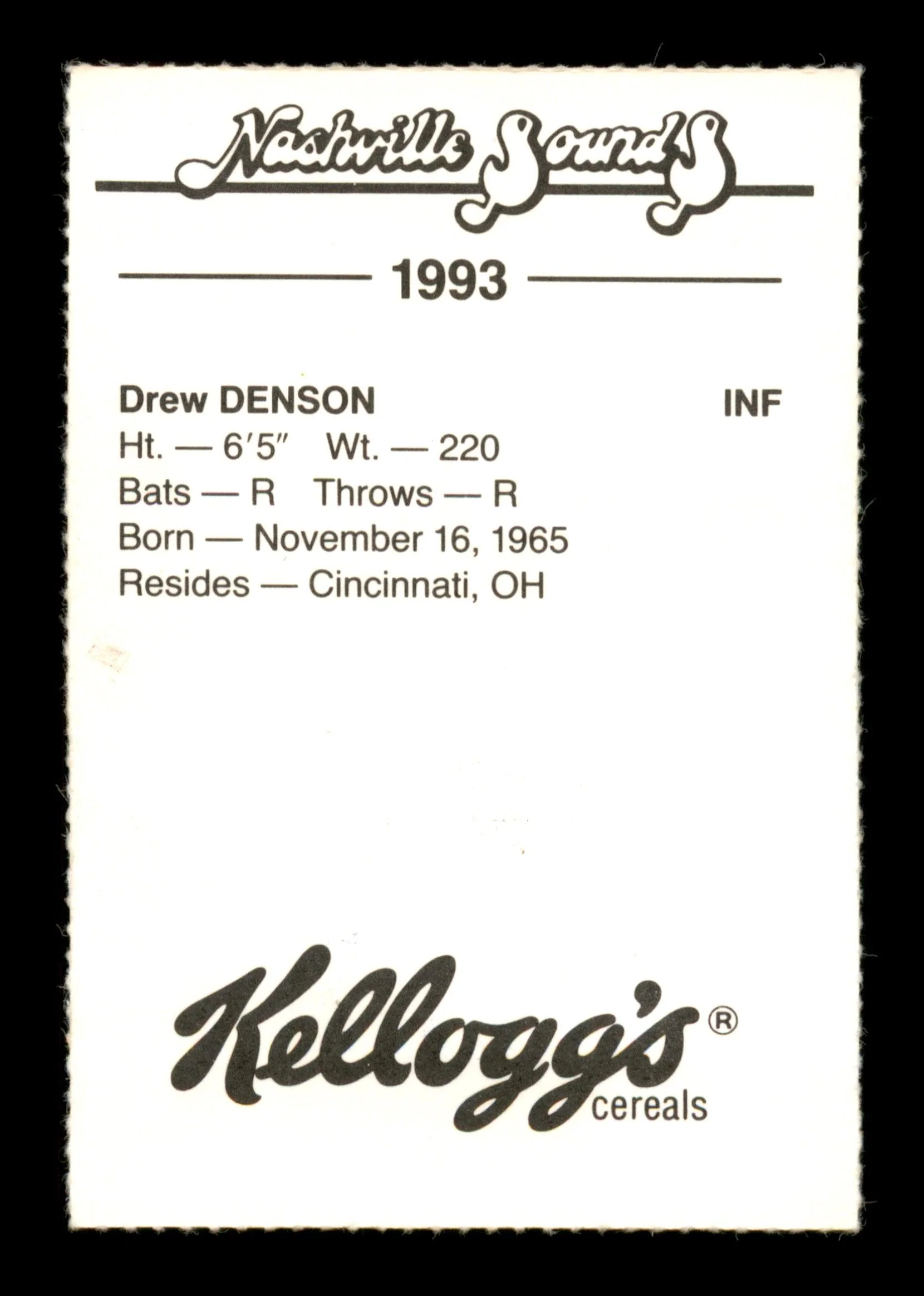 Drew Denson Autographed 1993 Kellogg's Rookie Card Nashville Sounds SKU #204020 - Image 2